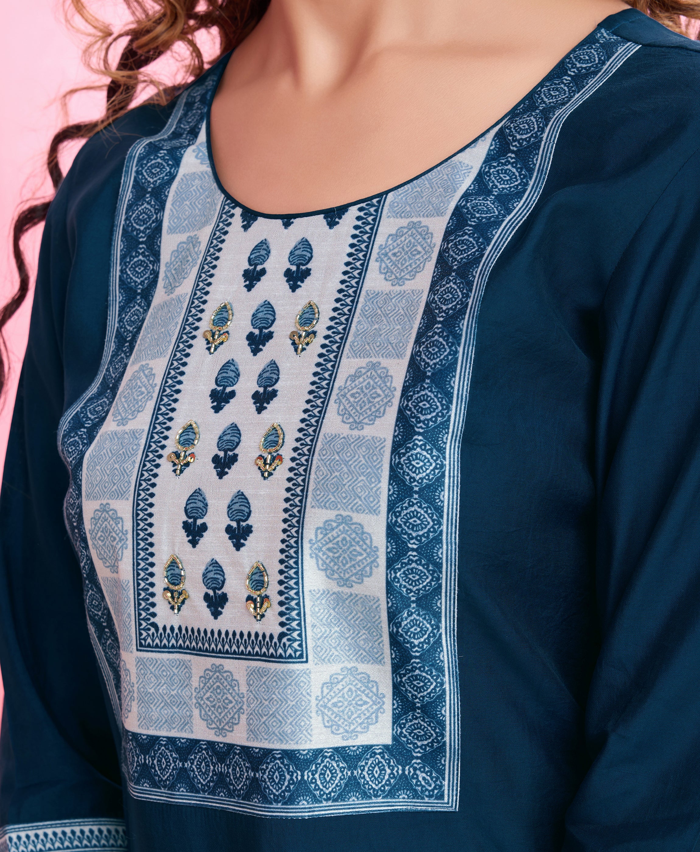 Her Couture Women's Teal Blue Blend Viscose Silk Ethnic Motifs Straight Kurta With Pant & Printed Dupatta