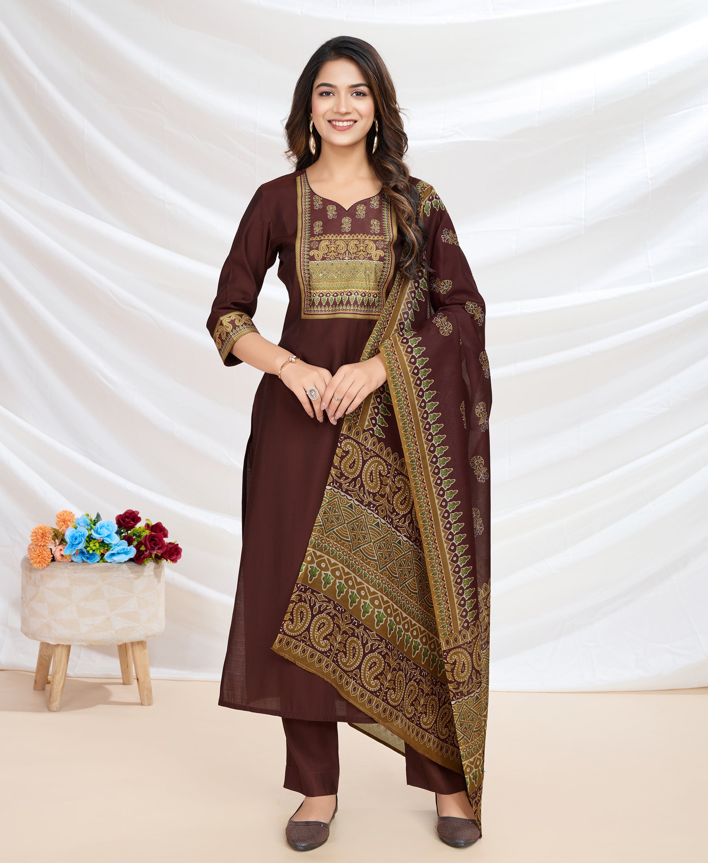 Brown Blend Viscose Silk Straight Festive & Party Kurta Set by Her Couture