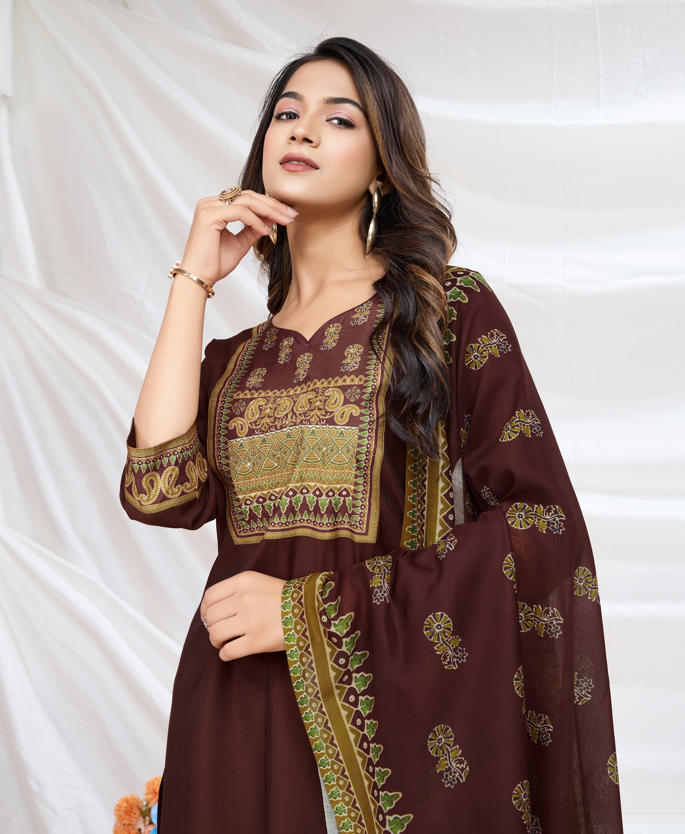 Her Couture Women's Brown Blend Viscose Silk Ethnic Motifs Straight Kurta With Pant & Printed Dupatta
