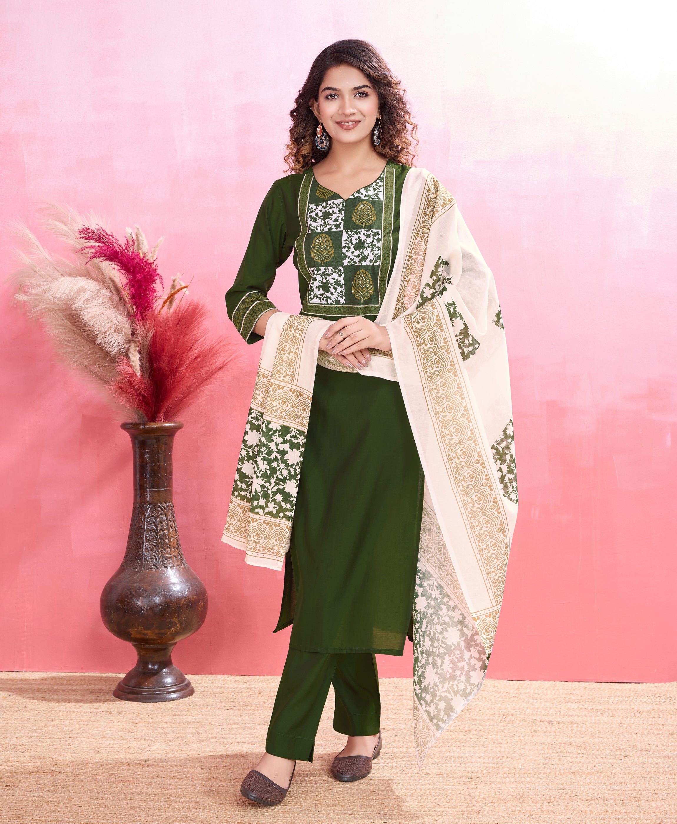 Green Blend Viscose Silk Straight Festive & Party Kurta Set by Her Couture