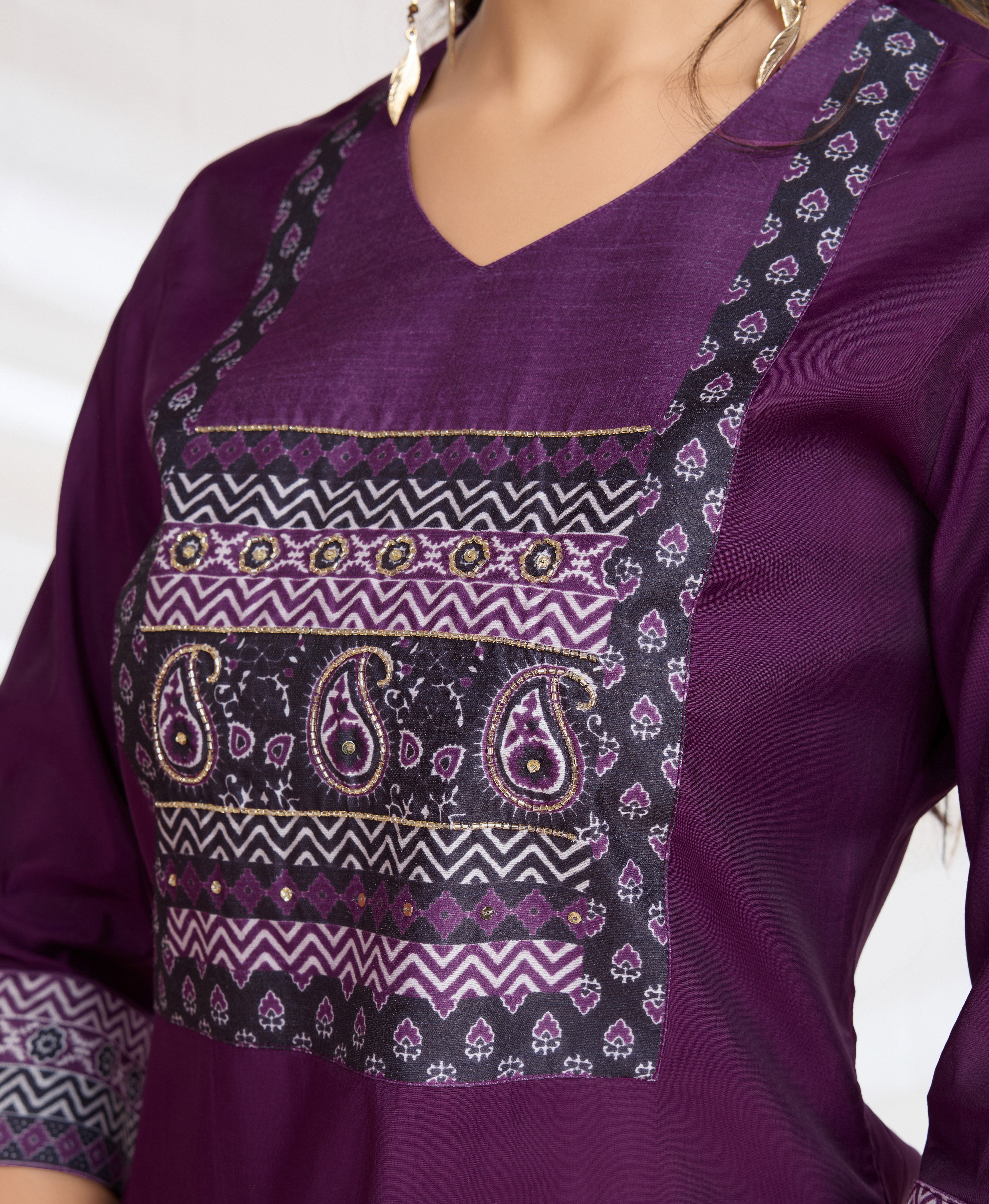 Her Couture Women's Purple Blend Viscose Silk Ethnic Motifs Straight Kurta With Pant & Printed Dupatta
