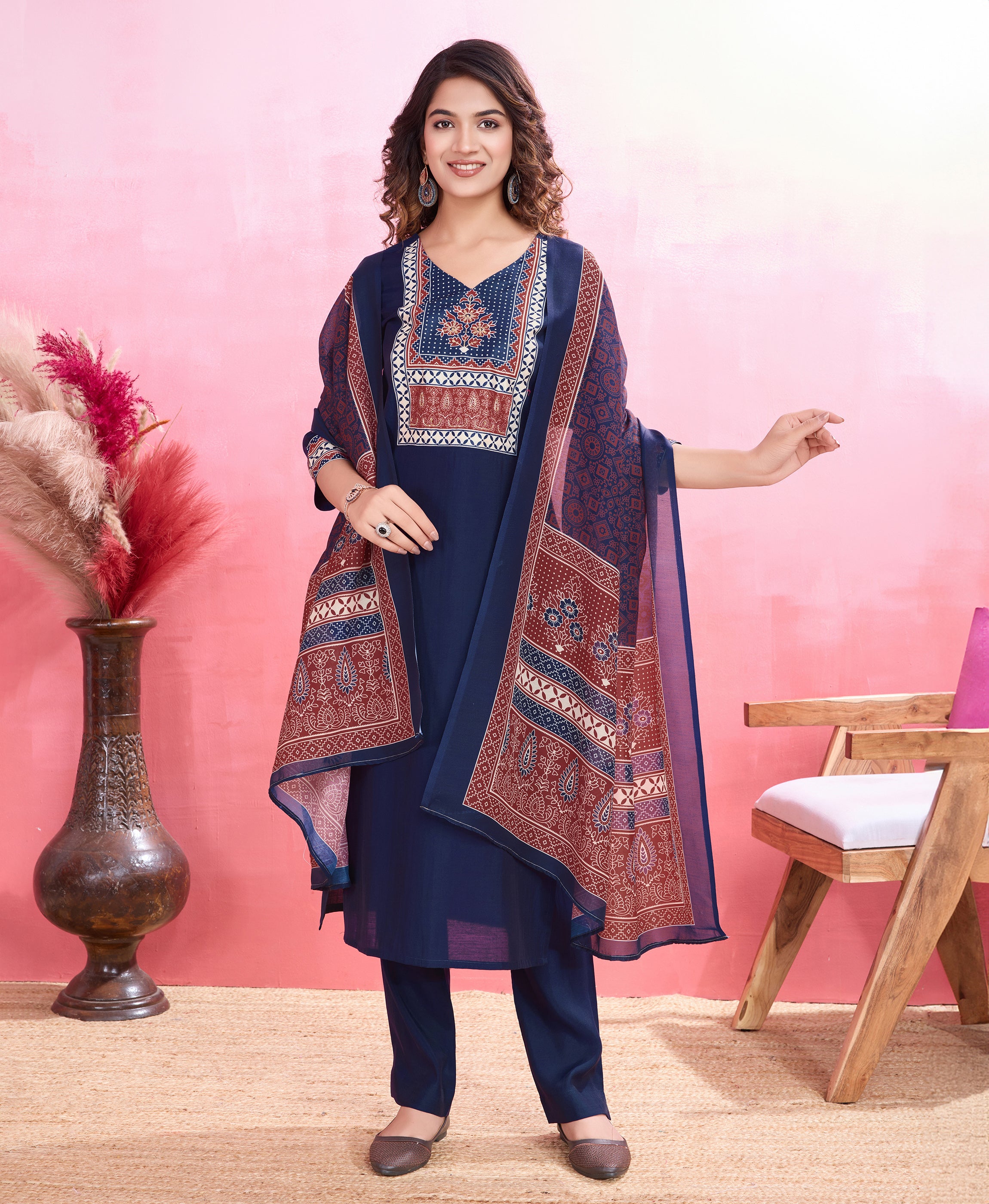 Navy Blue Blend Viscose Silk Straight Festive & Party Kurta Set by Her Couture