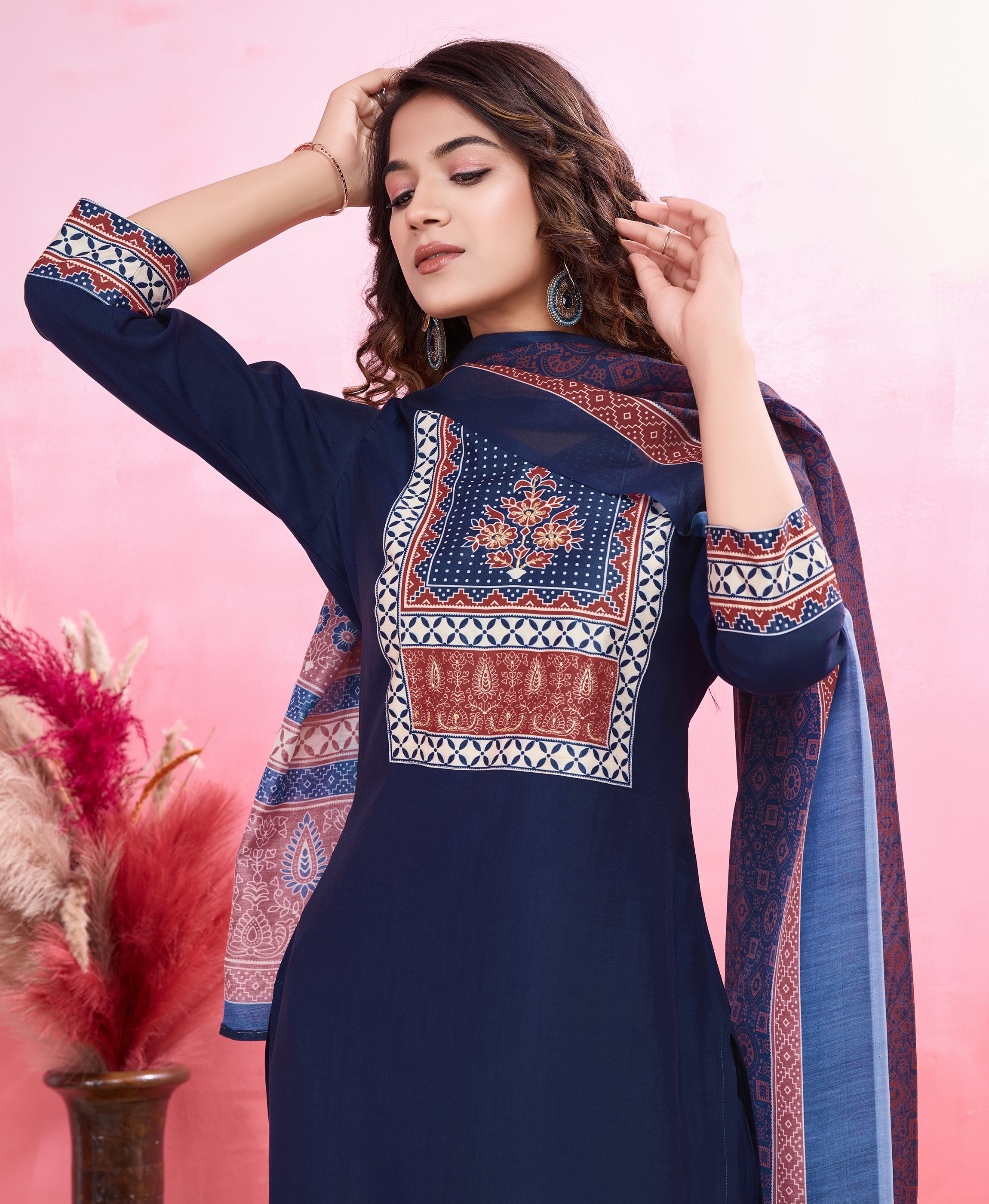 Her Couture Women's Navy Blue Blend Viscose Silk Ethnic Motifs Straight Kurta With Pant & Printed Dupatta