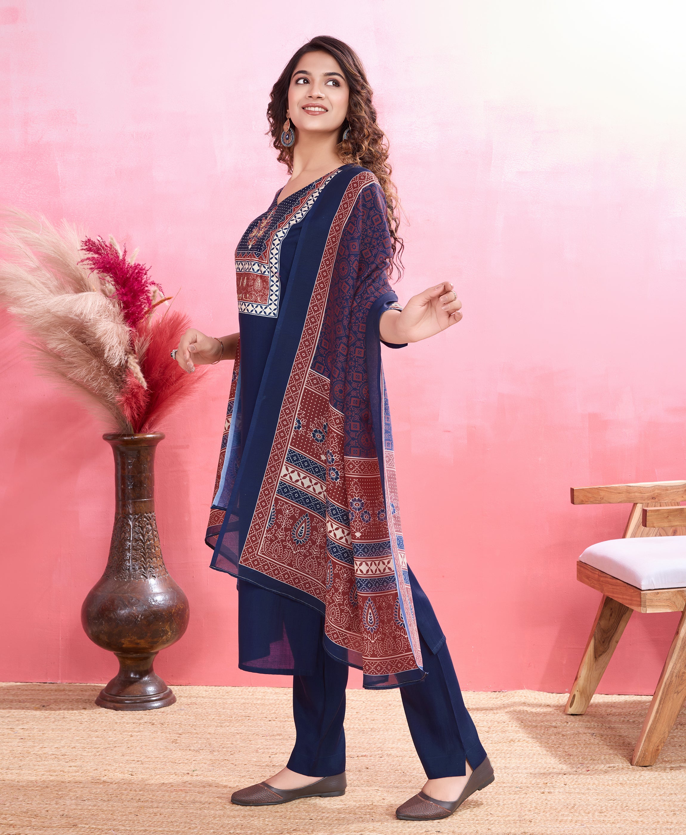 Her Couture Women's Navy Blue Blend Viscose Silk Ethnic Motifs Straight Kurta With Pant & Printed Dupatta