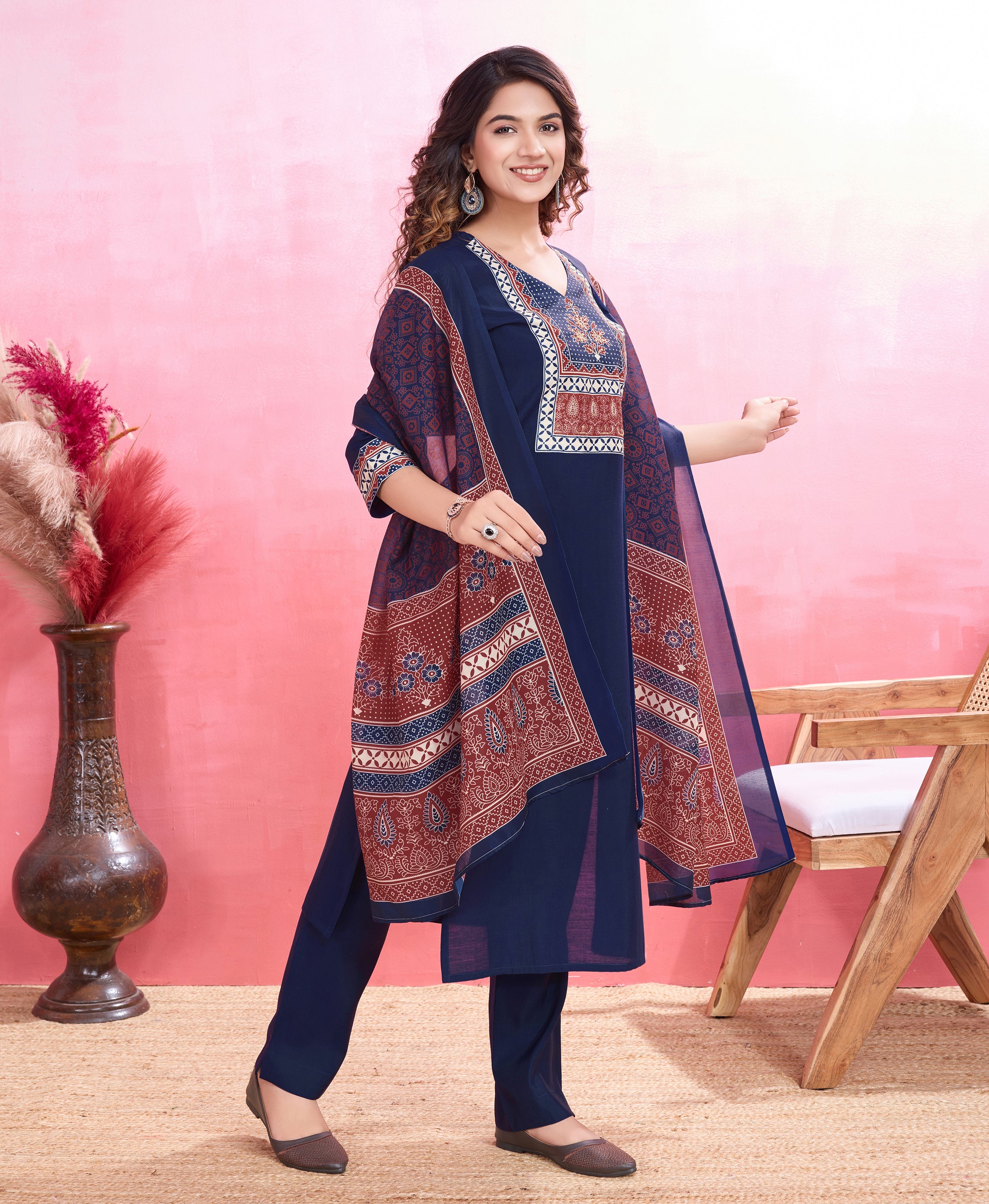 Her Couture Women's Navy Blue Blend Viscose Silk Ethnic Motifs Straight Kurta With Pant & Printed Dupatta