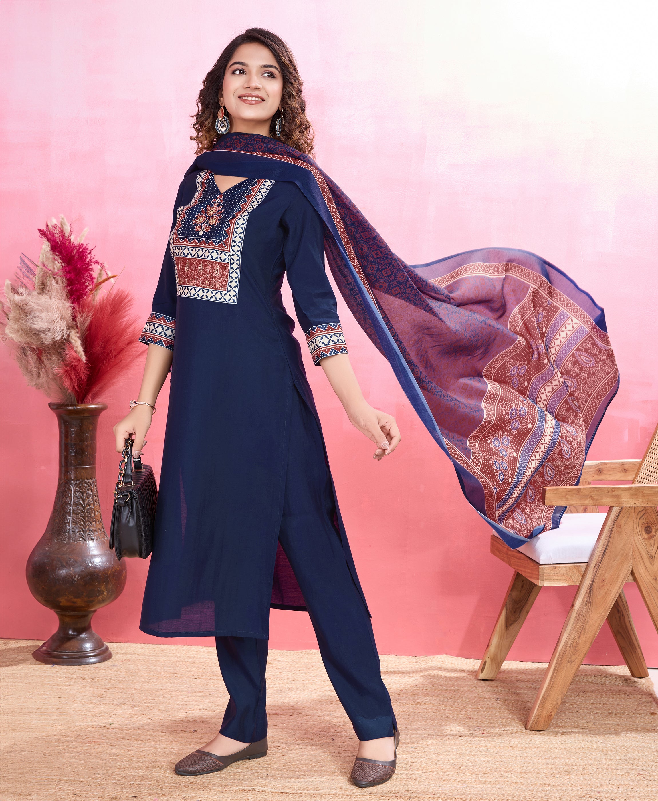 Her Couture Women's Navy Blue Blend Viscose Silk Ethnic Motifs Straight Kurta With Pant & Printed Dupatta