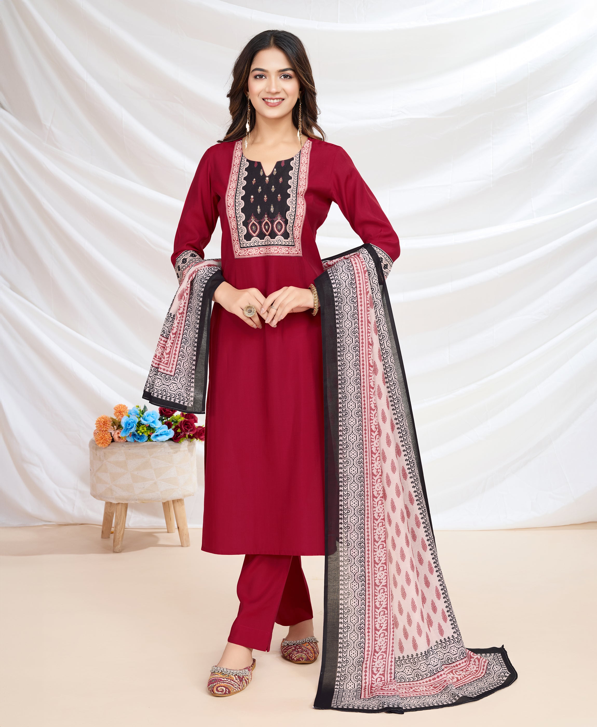 Red Blend Viscose Silk Straight Festive & Party Kurta Set by Her Couture