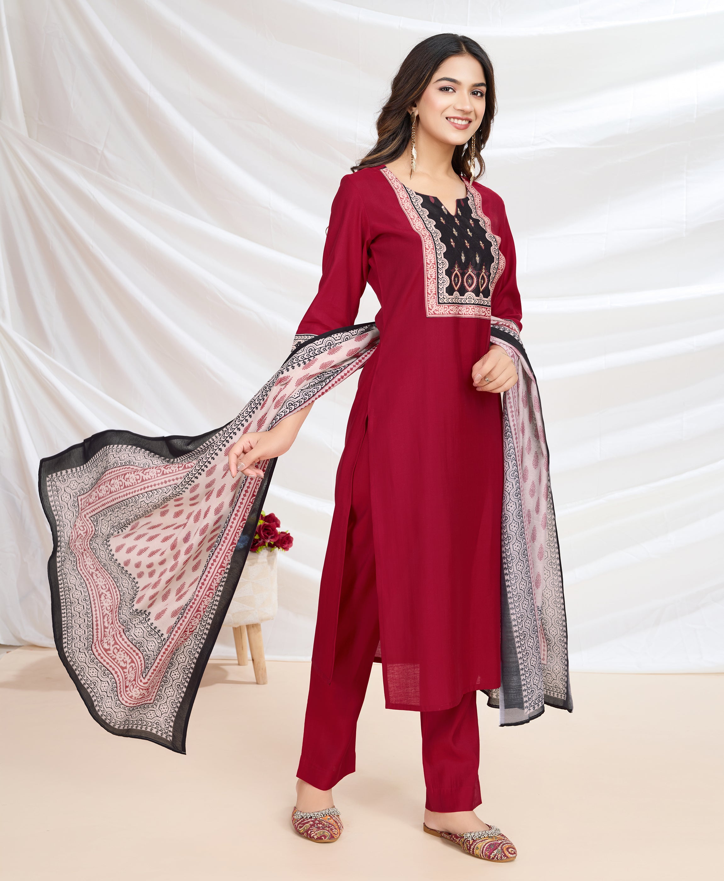 Her Couture Women's Red Blend Viscose Silk Ethnic Motifs Straight Kurta With Pant & Printed Dupatta