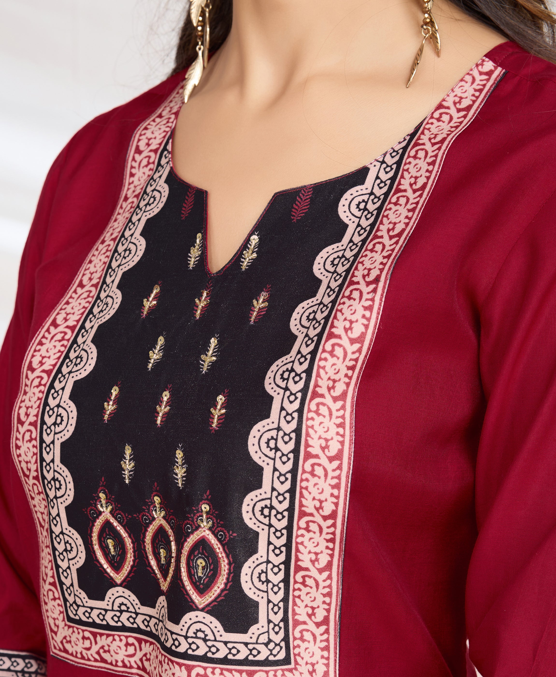 Her Couture Women's Red Blend Viscose Silk Ethnic Motifs Straight Kurta With Pant & Printed Dupatta