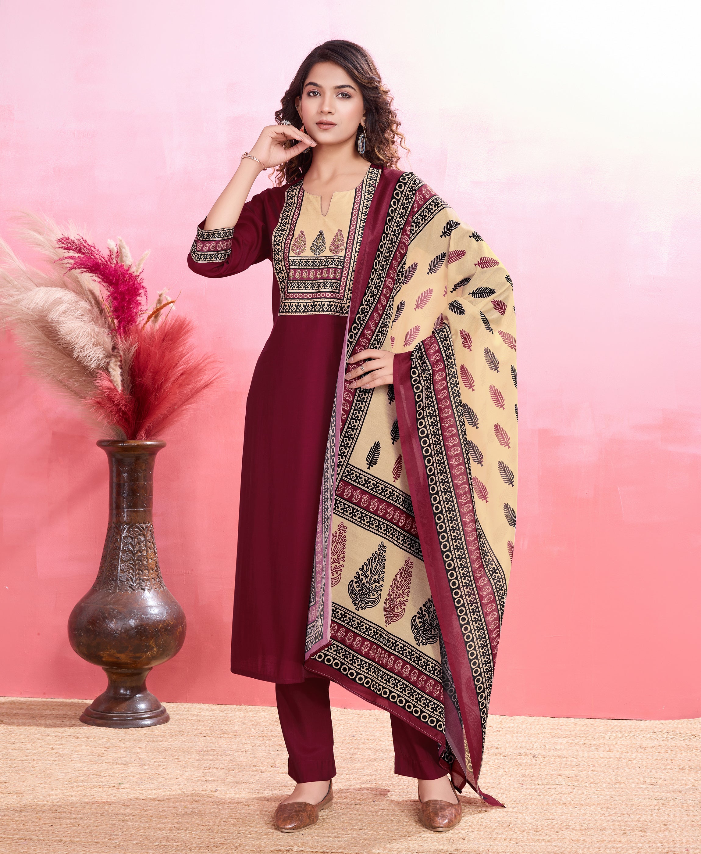 Maroon Blend Viscose Silk Straight Festive & Party Kurta Set by Her Couture