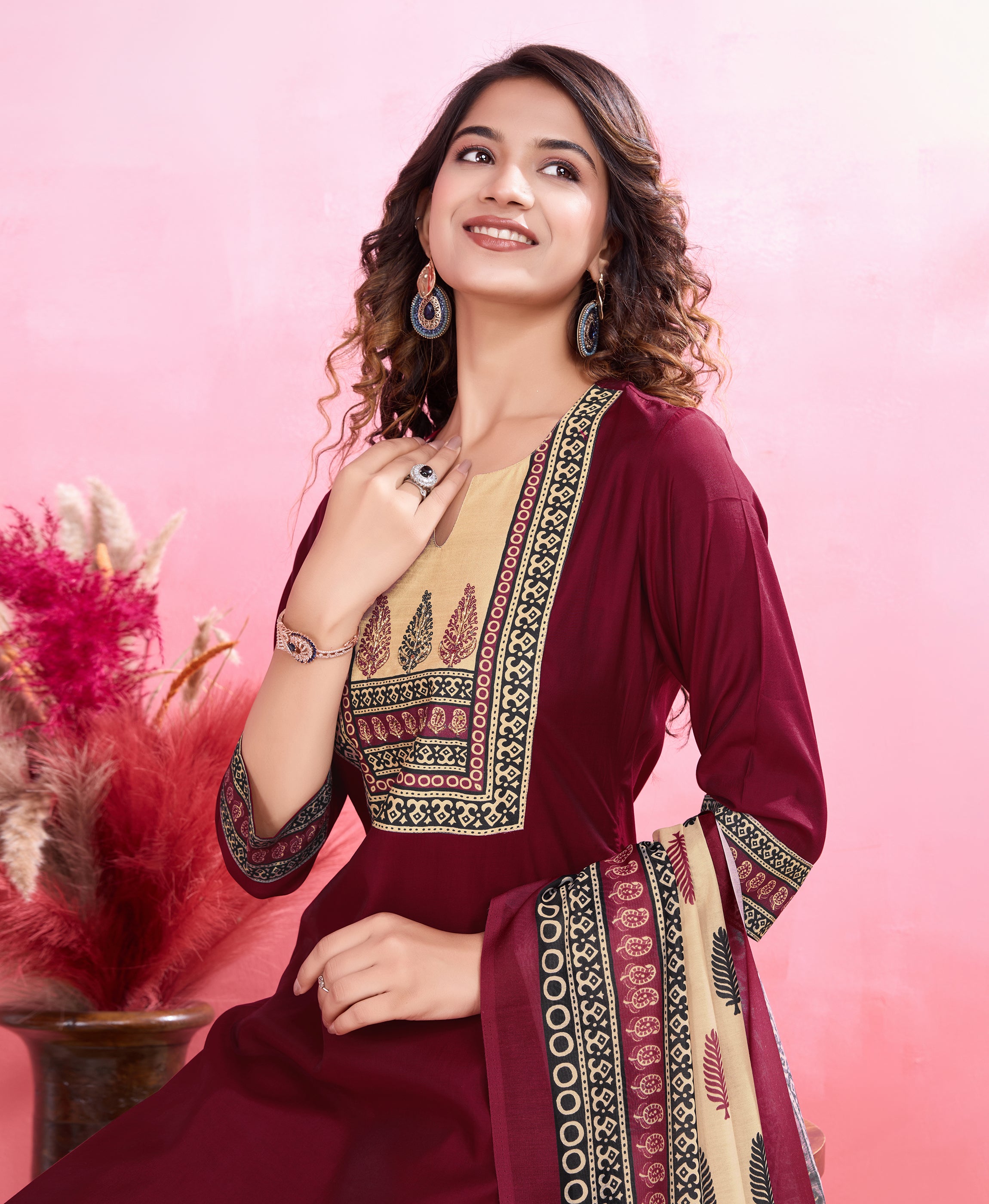 Her Couture Women's Maroon Blend Viscose Silk Ethnic Motifs Straight Kurta With Pant & Printed Dupatta