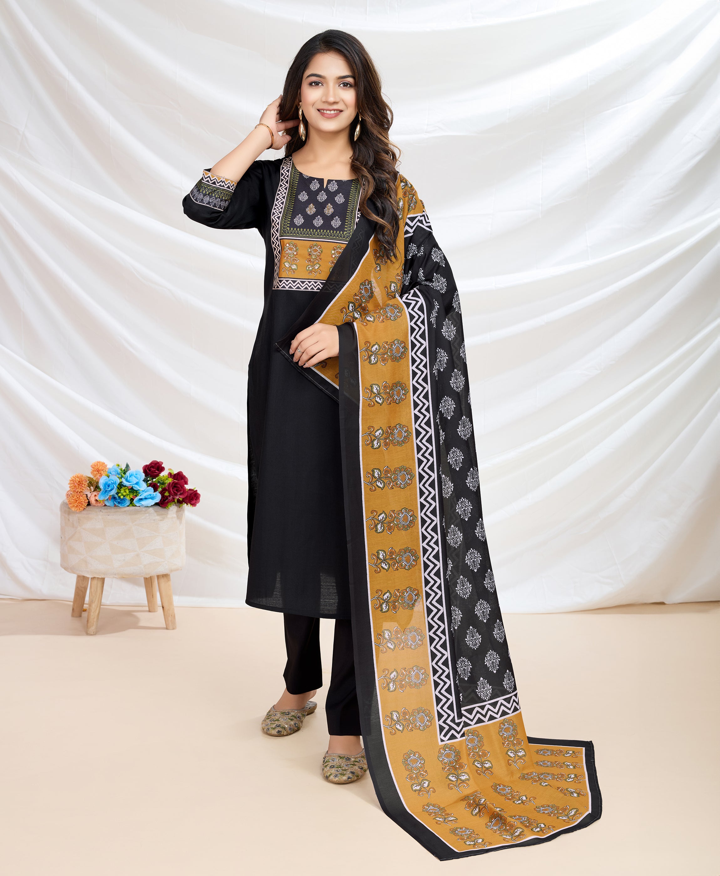 Black Blend Viscose Silk Straight Festive & Party Kurta Set by Her Couture