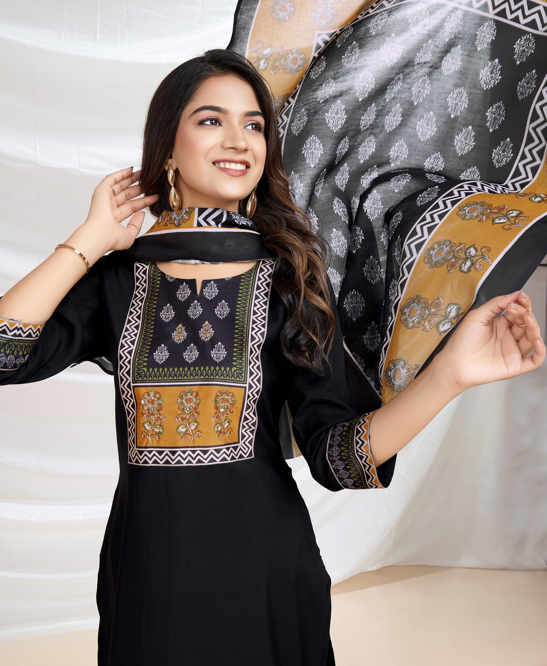 Her Couture Women's Black Blend Viscose Silk Ethnic Motifs Straight Kurta With Pant & Printed Dupatta