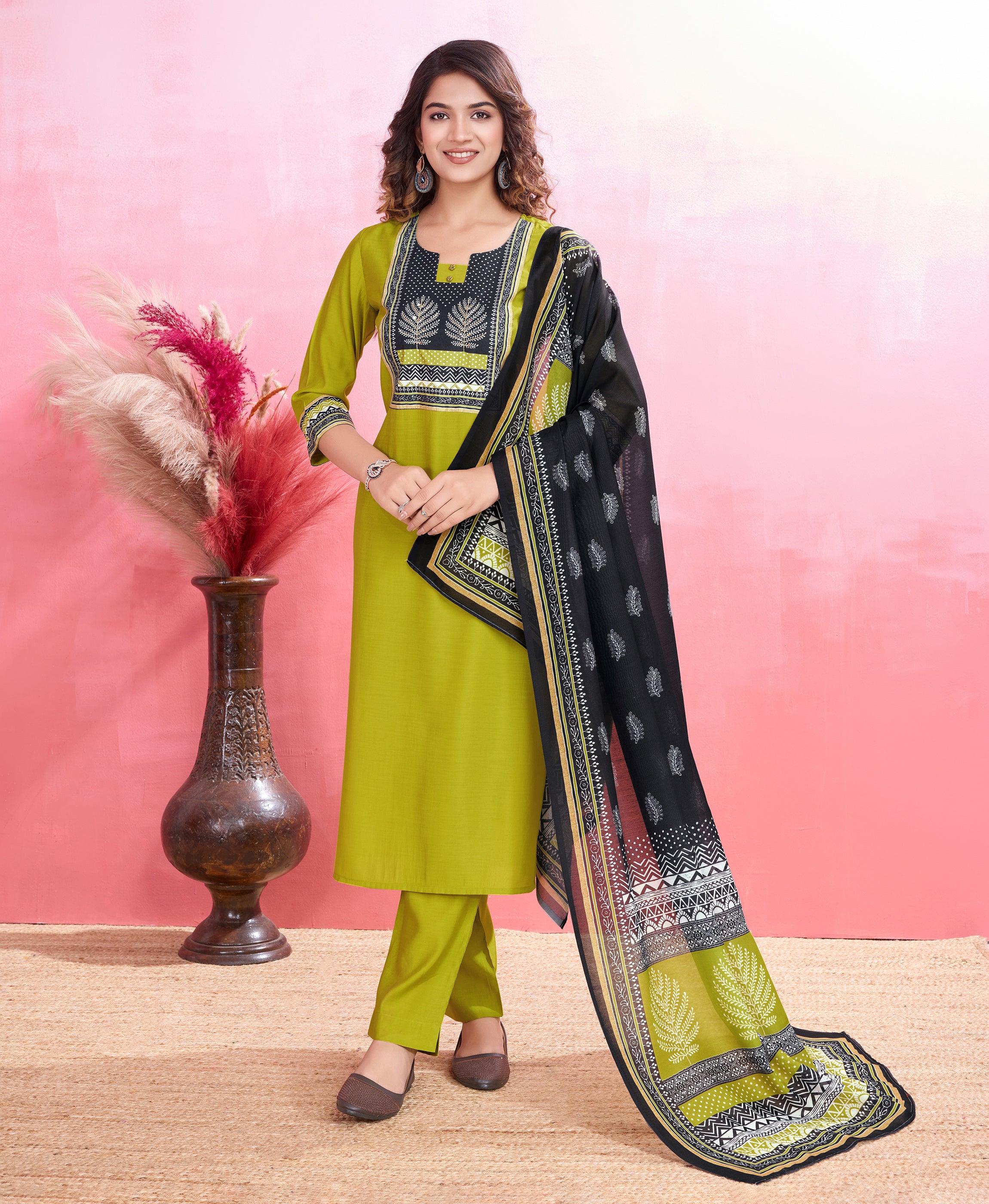 Lime Green Blend Viscose Silk Straight Festive & Party Kurta Set by Her Couture