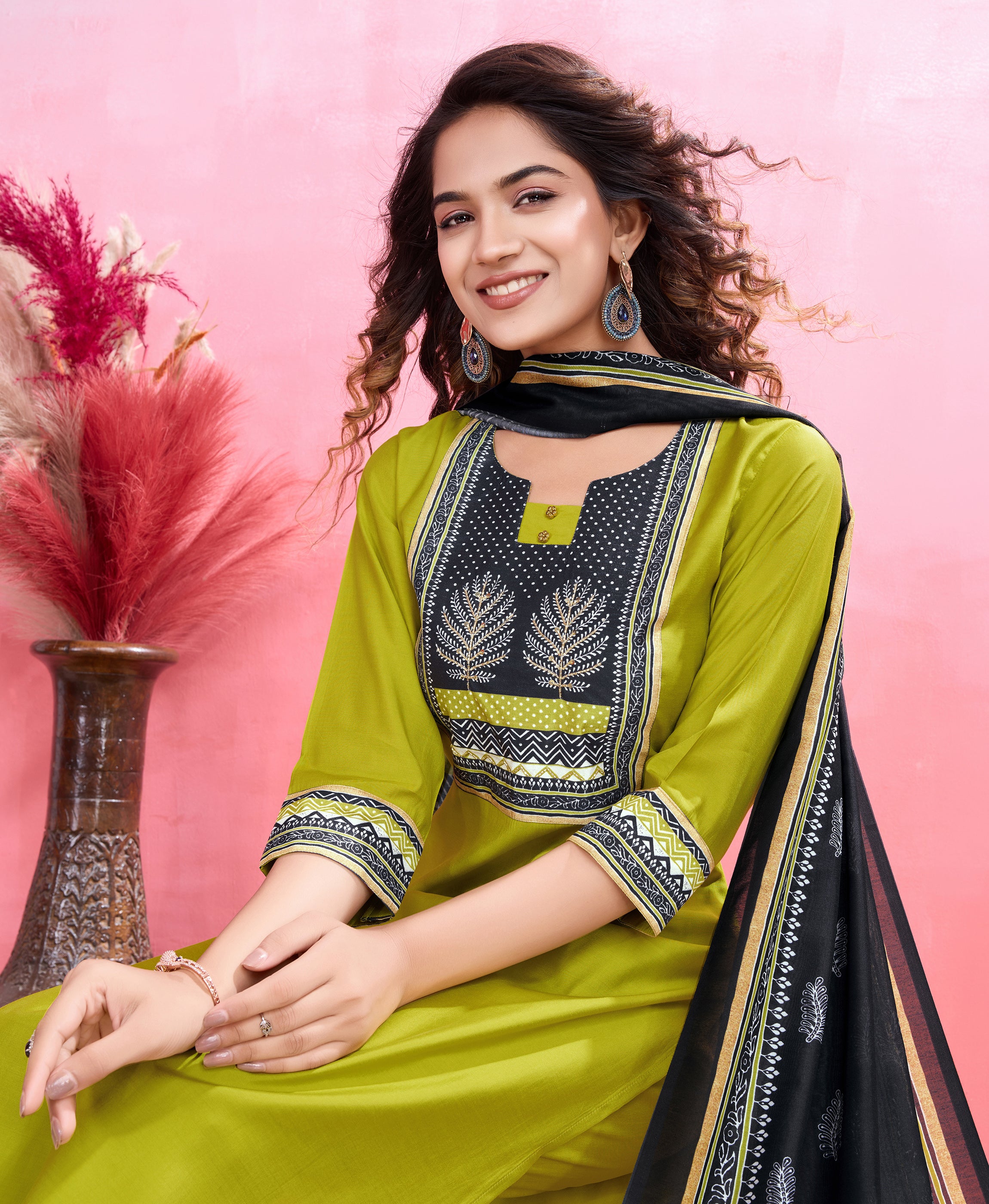 Her Couture Women's Lime Green Blend Viscose Silk Geometric Straight Kurta With Pant & Printed Dupatta