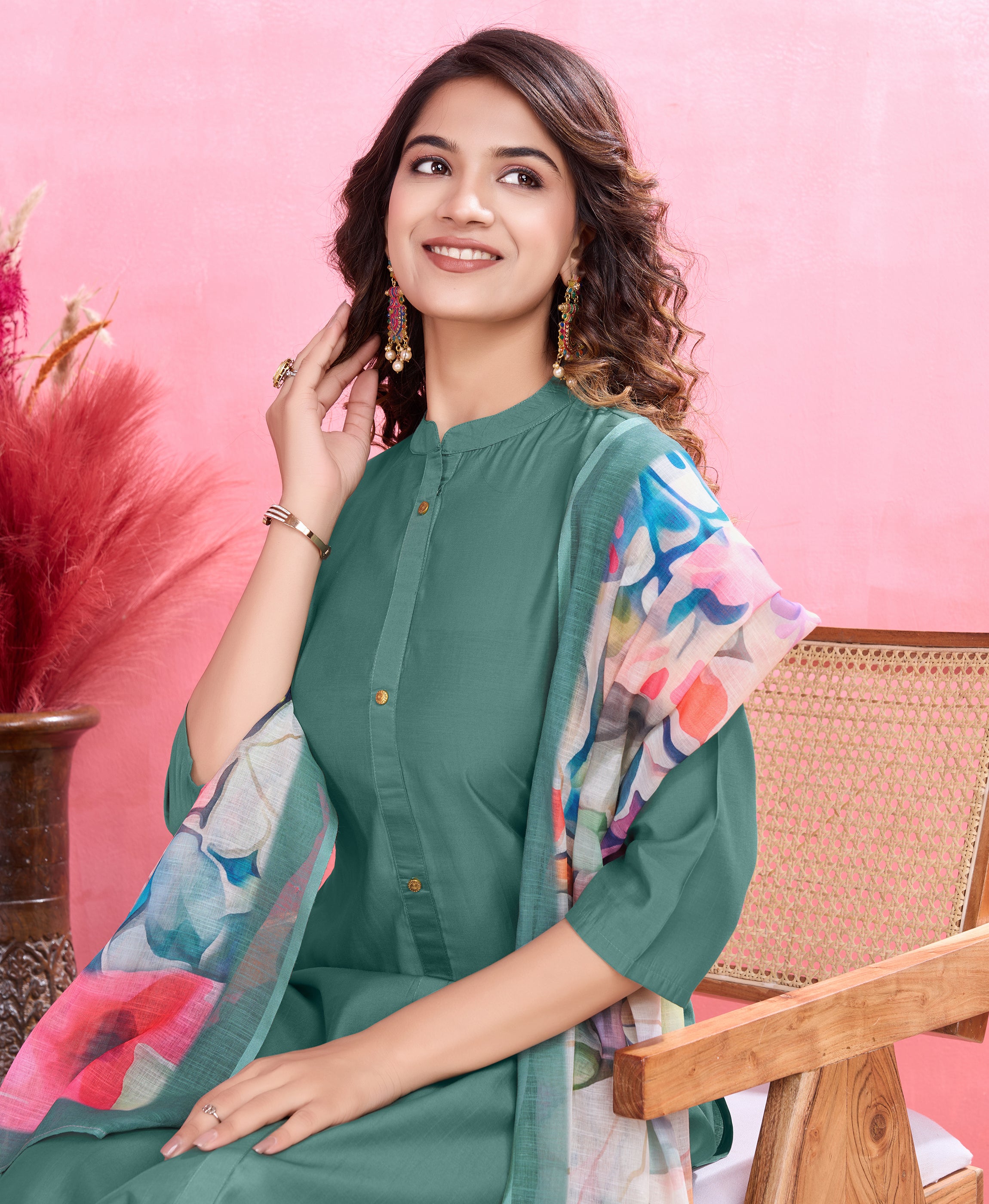 Sea Green Roman Silk Straight Causal Kurta Set by Her Couture