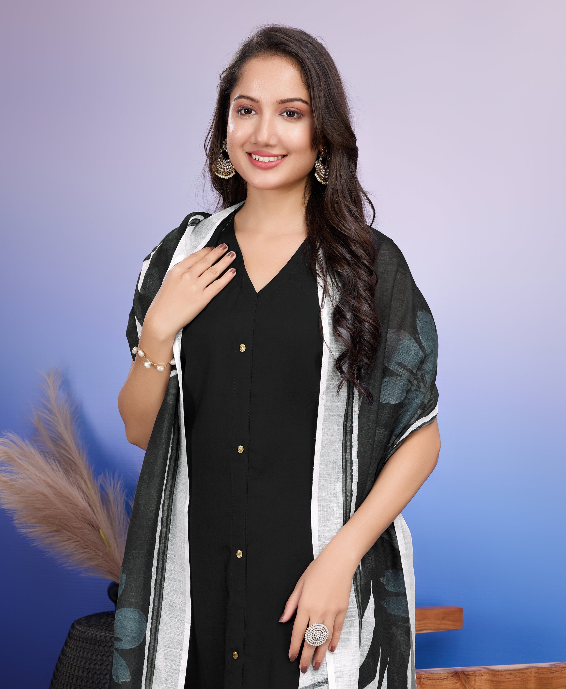 Black Roman Silk Straight Causal Kurta Set by Her Couture