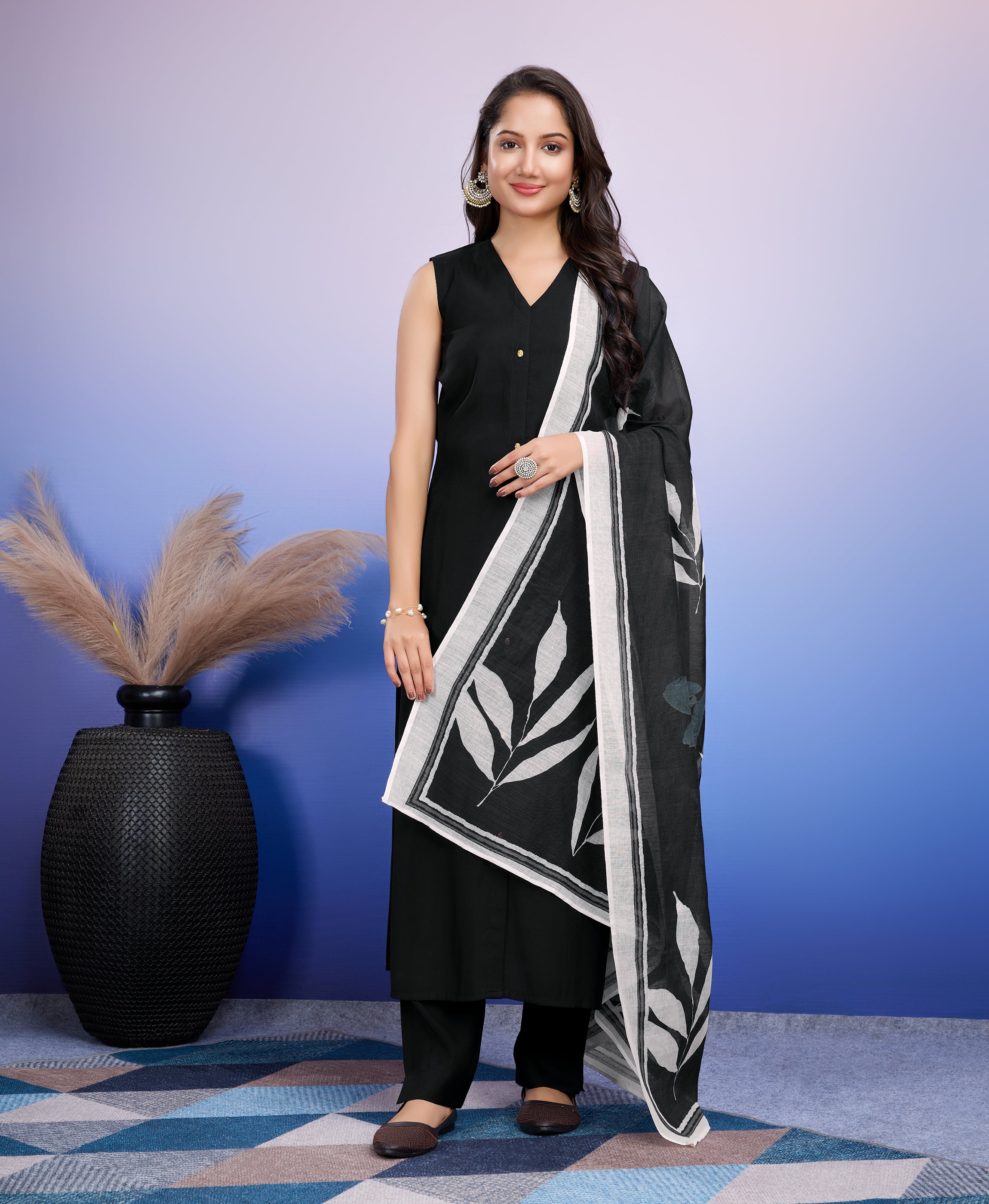 Her Couture Women's Black Roman Silk Solid Straight Kurta With Pant & Printed Dupatta