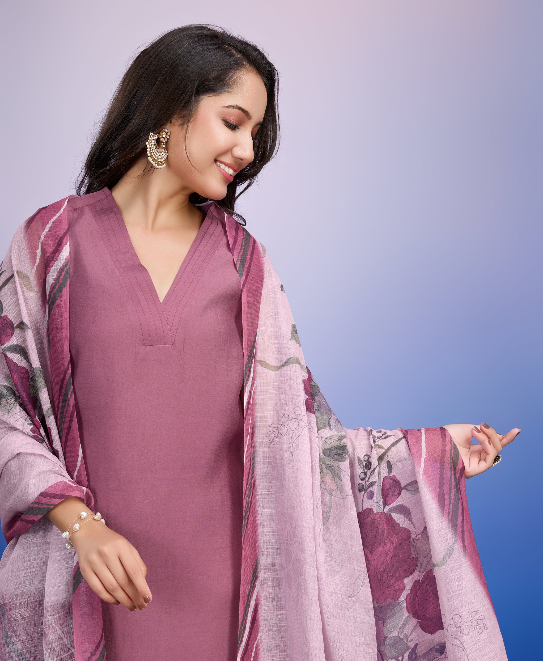 Mauve Roman Silk Straight Causal Kurta Set by Her Couture