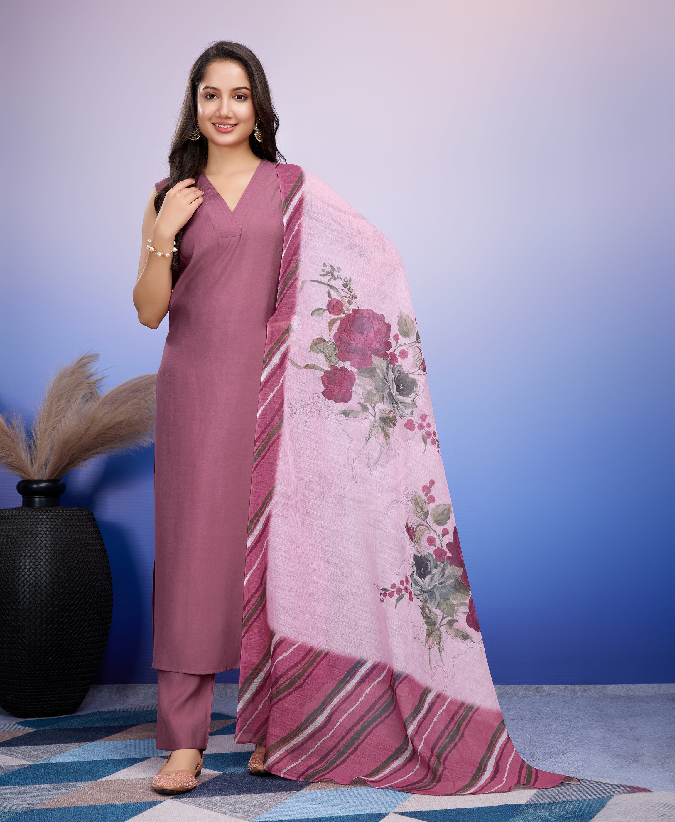 Her Couture Women's Mauve Roman Silk Solid Straight Kurta With Pant & Printed Dupatta