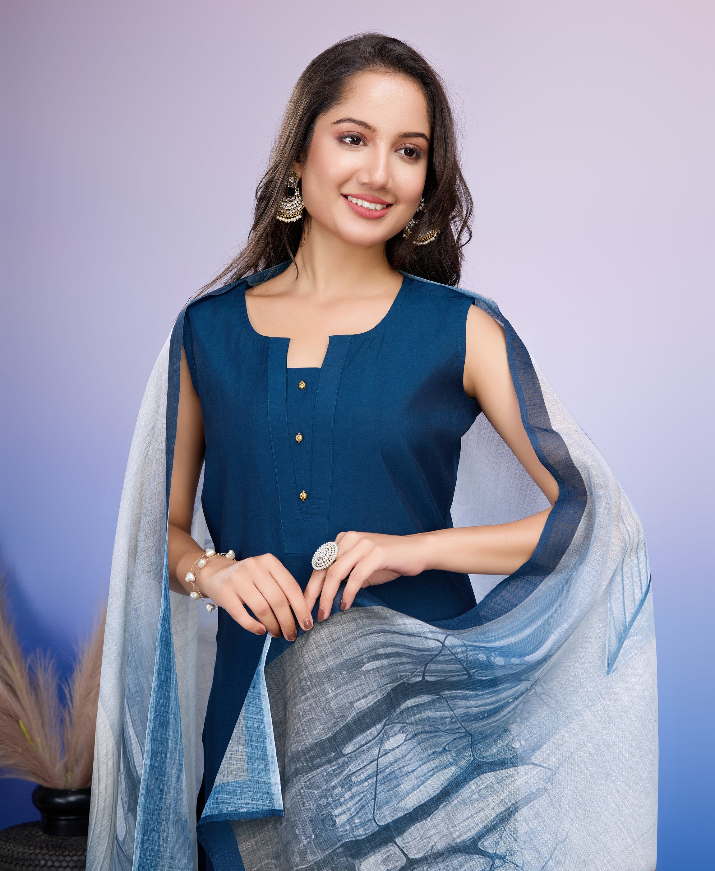 Navy Blue Roman Silk Straight Causal Kurta Set by Her Couture