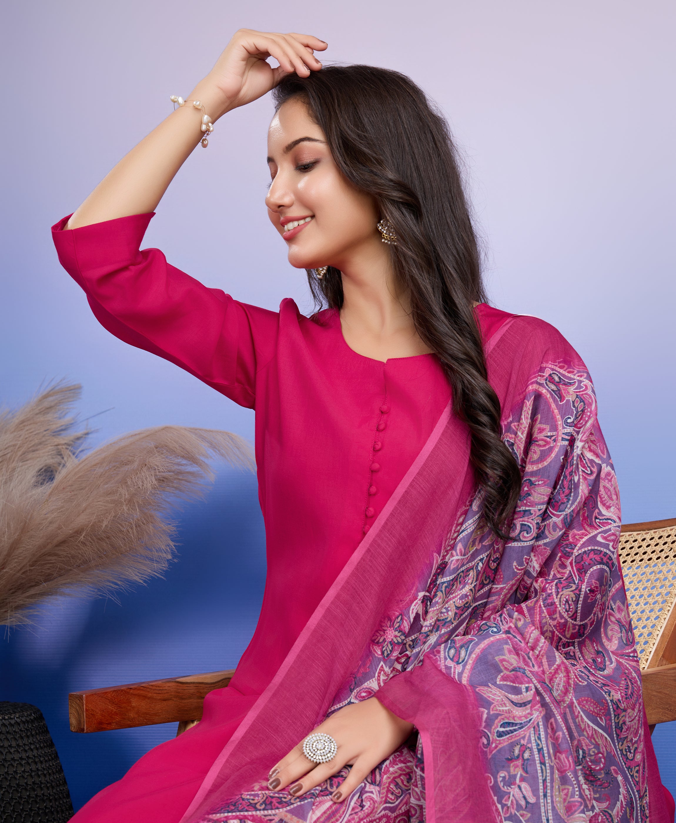 Fuchsia Pink Roman Silk Straight Causal Kurta Set by Her Couture