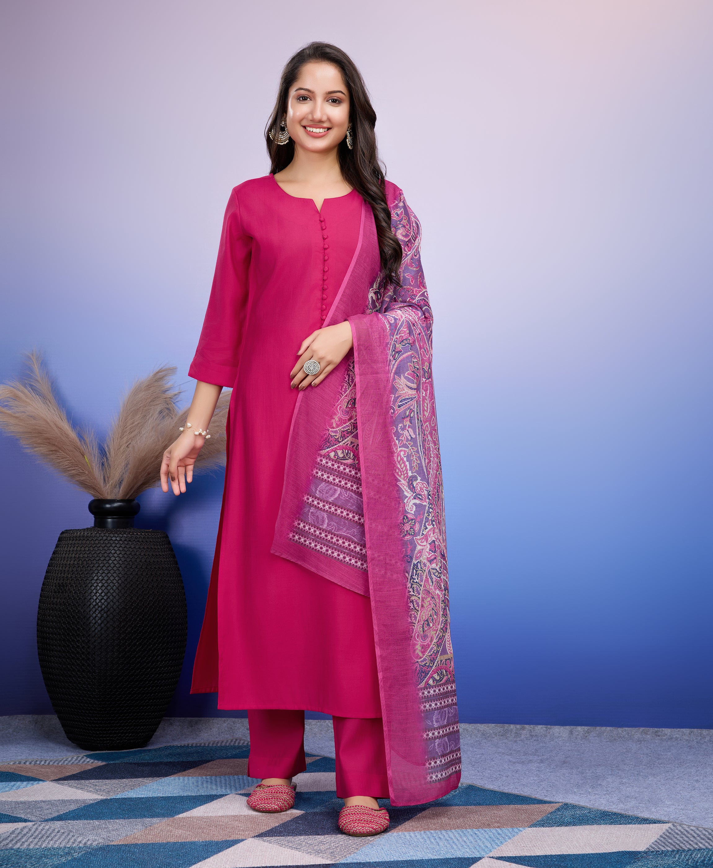 Her Couture Women's Fuchsia Pink Roman Silk Solid Straight Kurta With Pant & Printed Dupatta