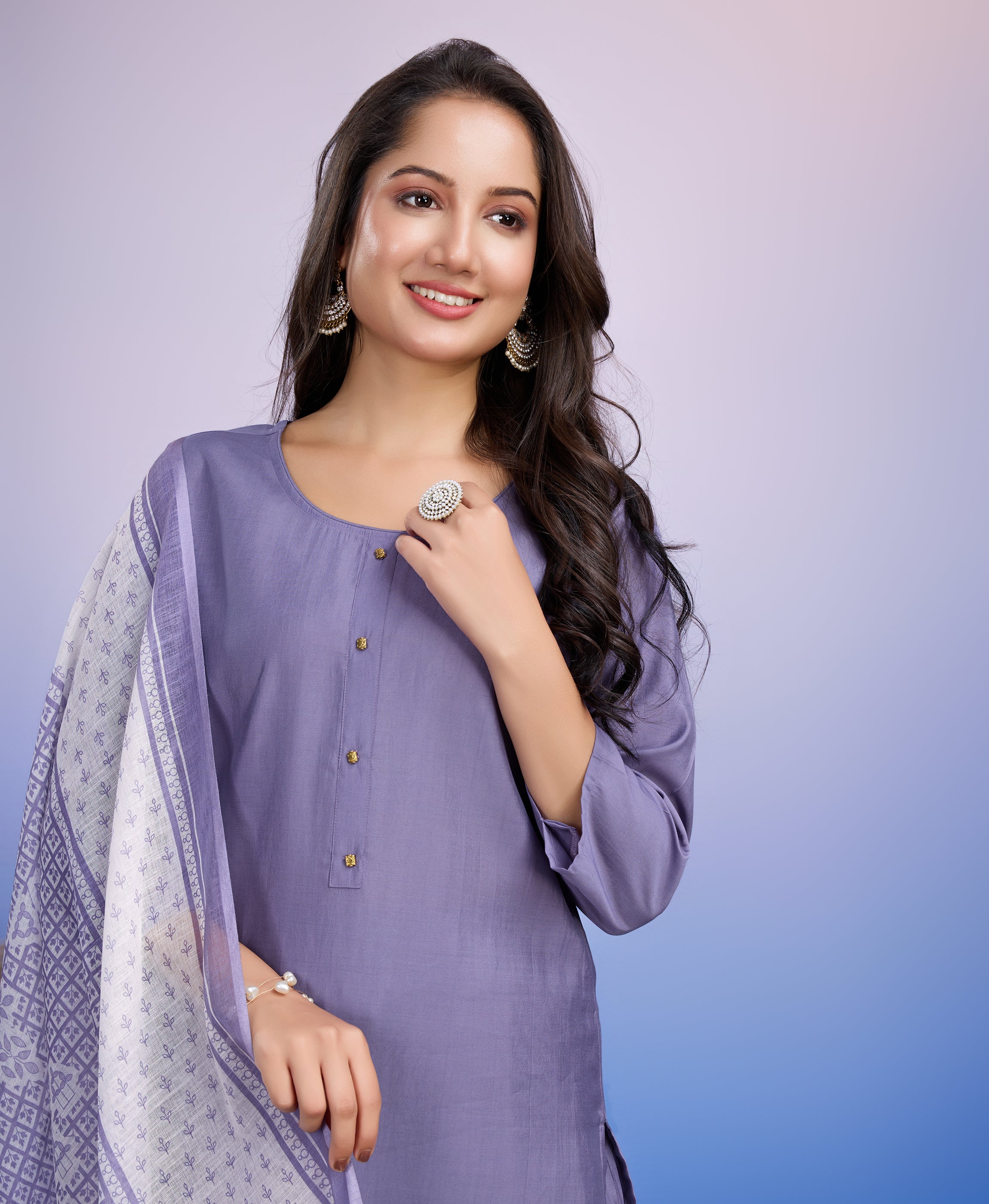 Lavender Roman Silk Straight Causal Kurta Set by Her Couture