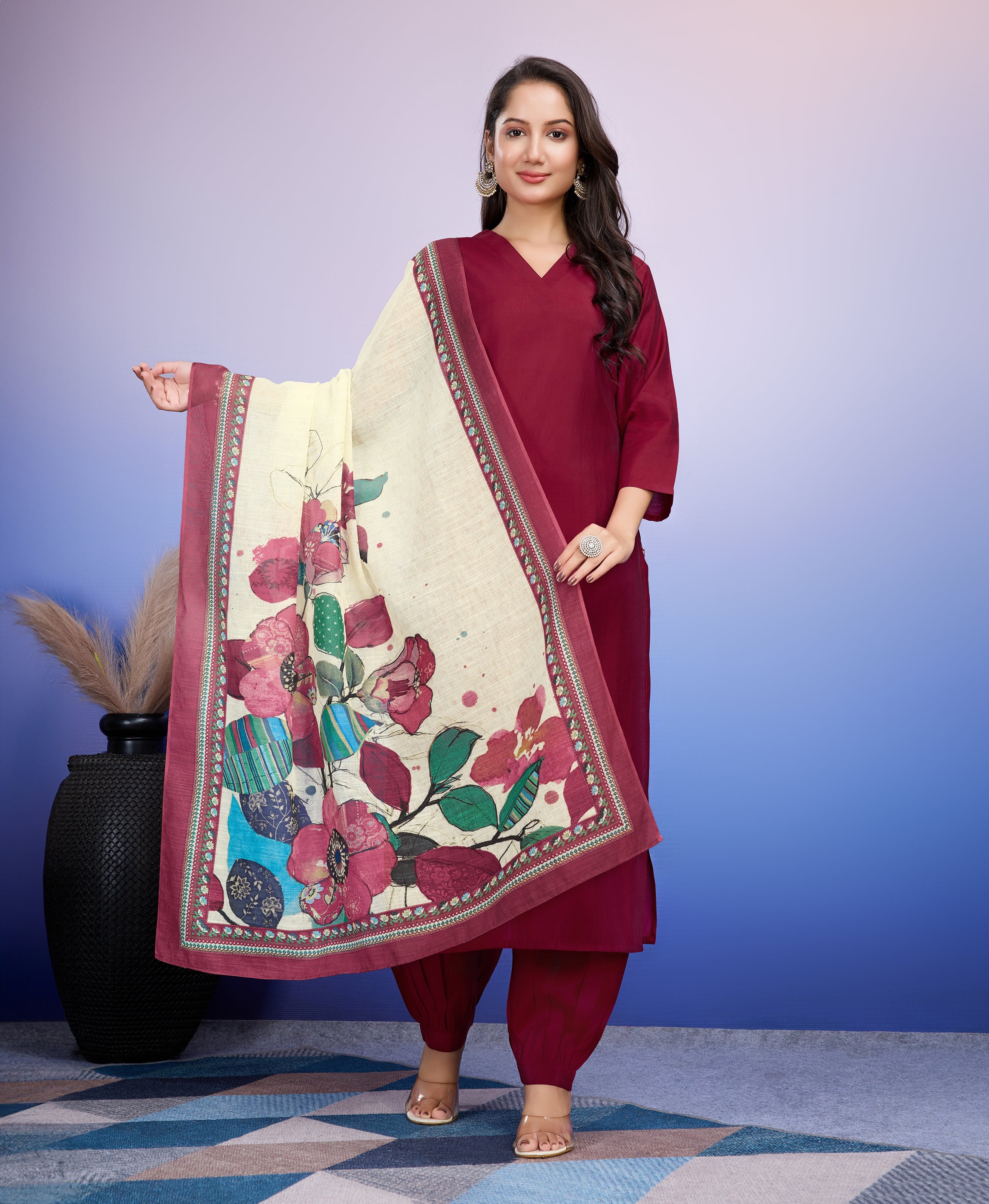 Her Couture Women's Maroon Roman Silk Solid Straight Kurta With Afghani Salwar & Printed Dupatta