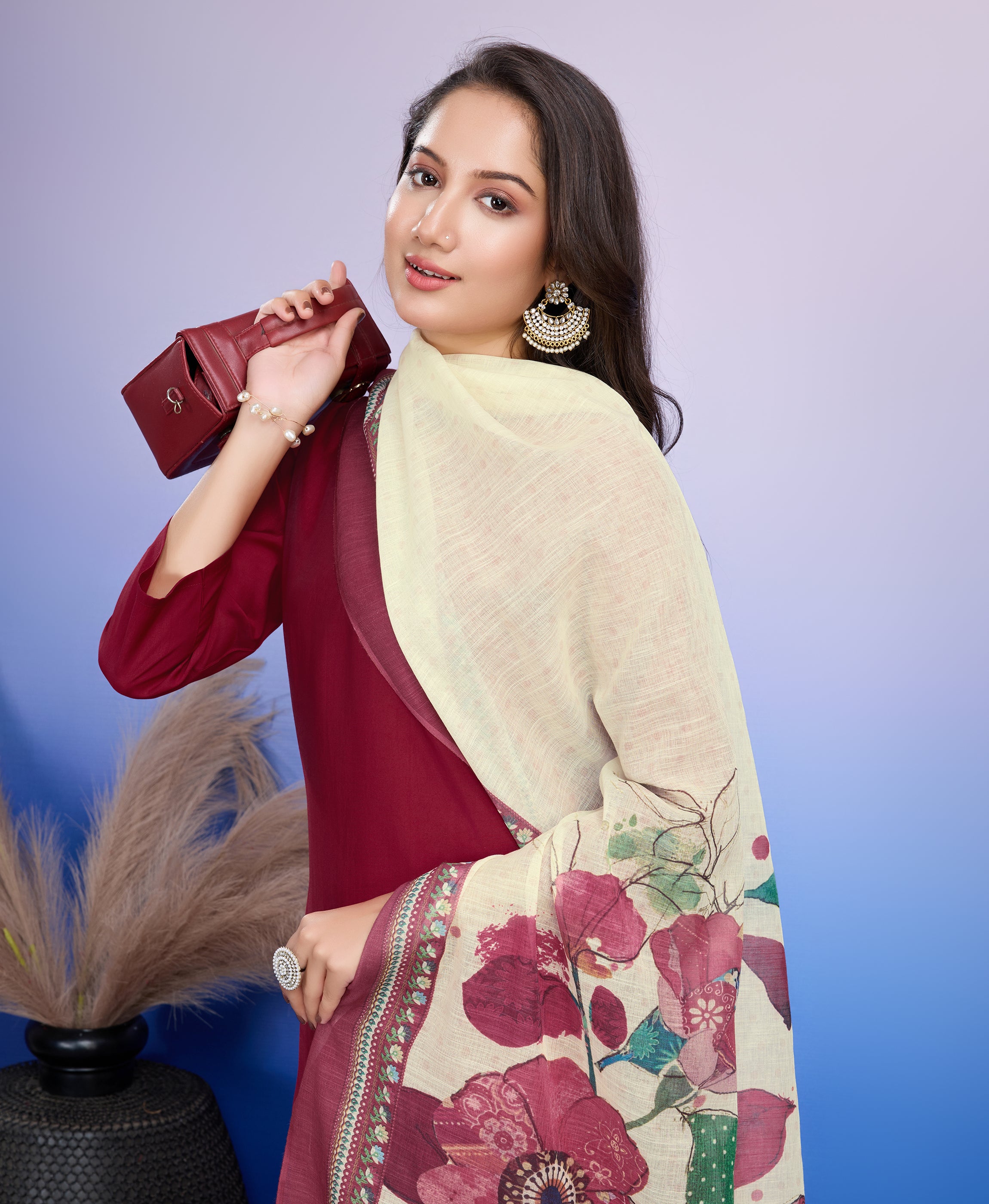 Maroon Roman Silk Straight Causal Kurta Set by Her Couture