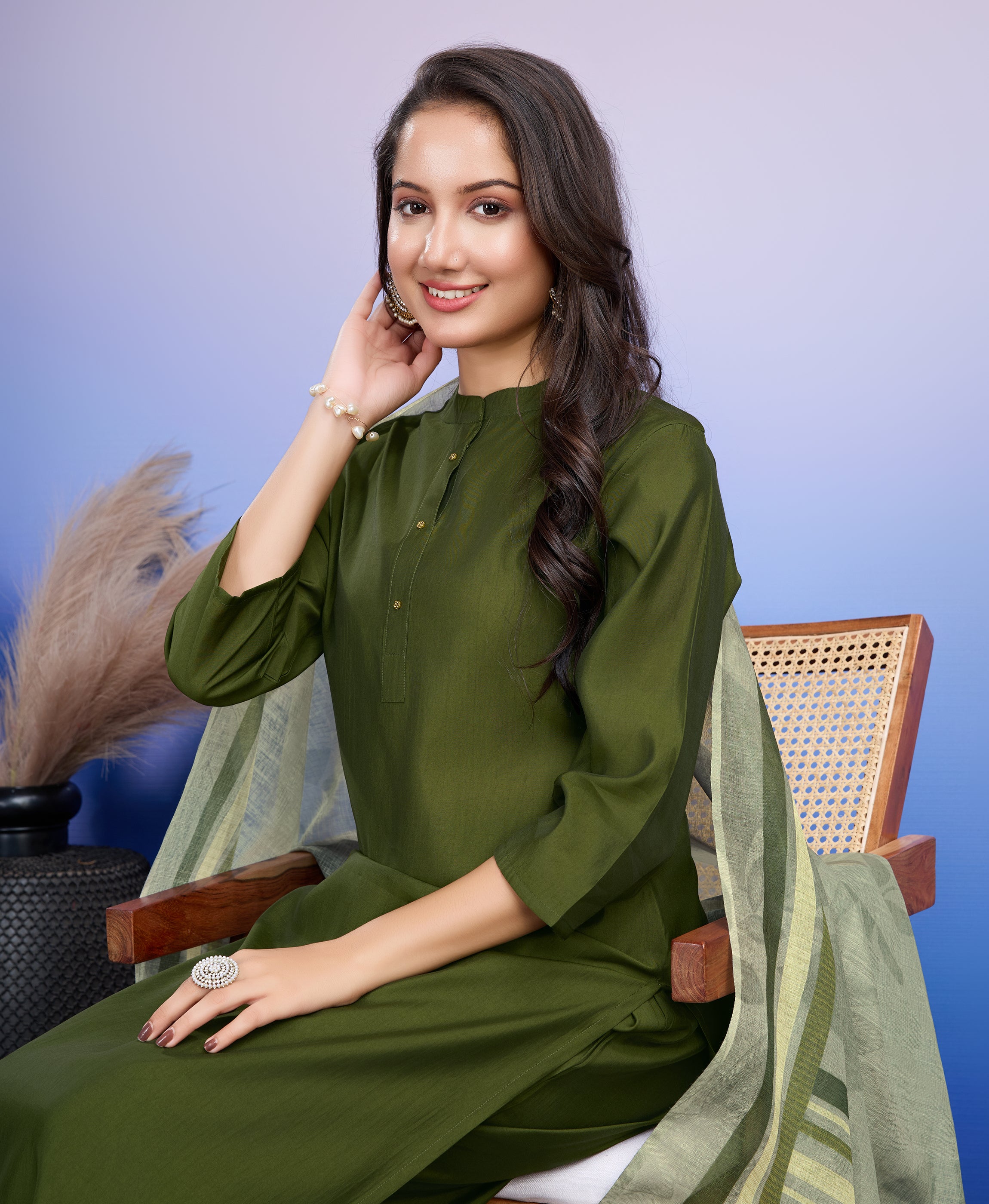 Green Roman Silk Straight Causal Kurta Set by Her Couture