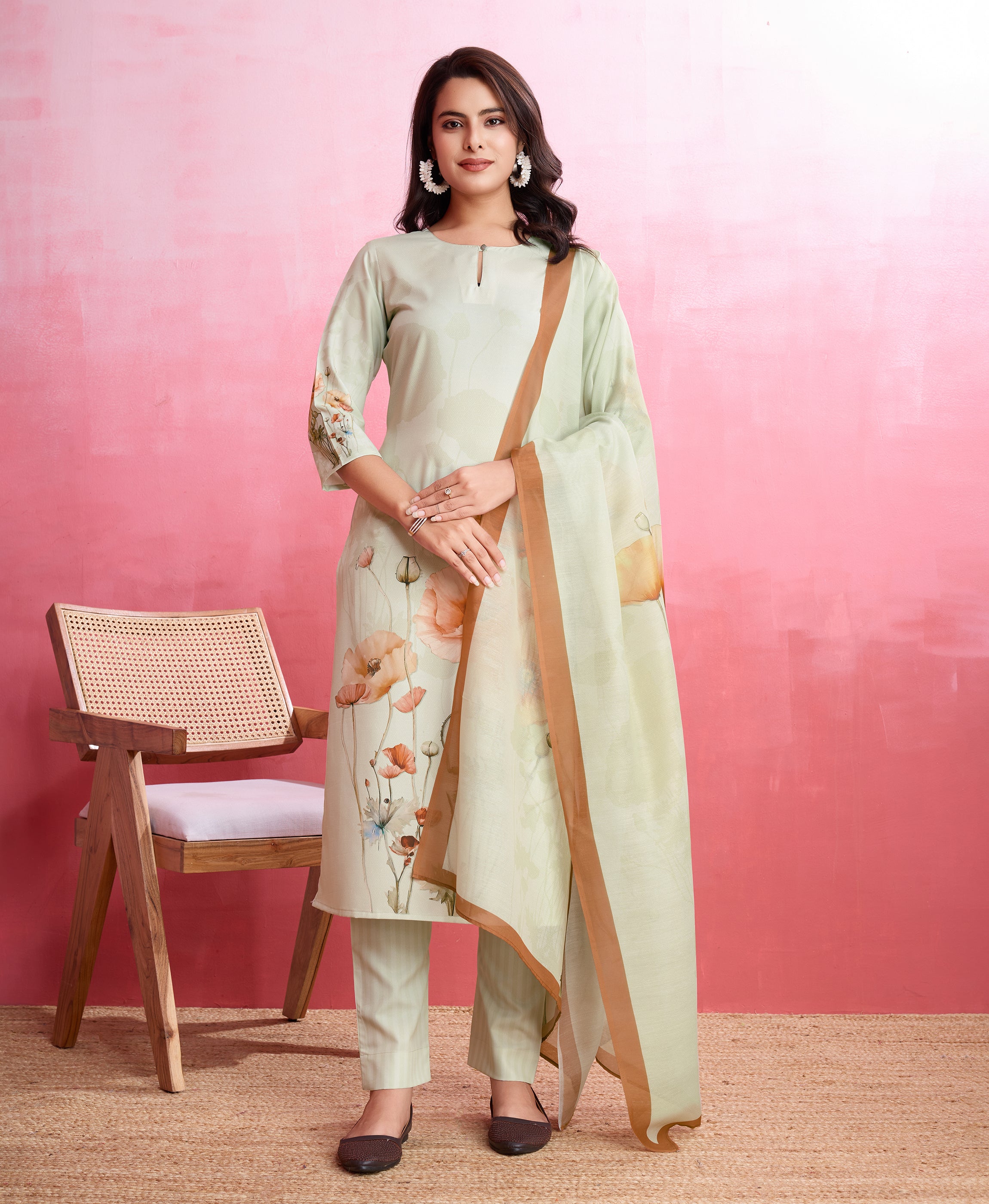 Light Green Crepe Straight Festive & Party Kurta Set by Her Couture