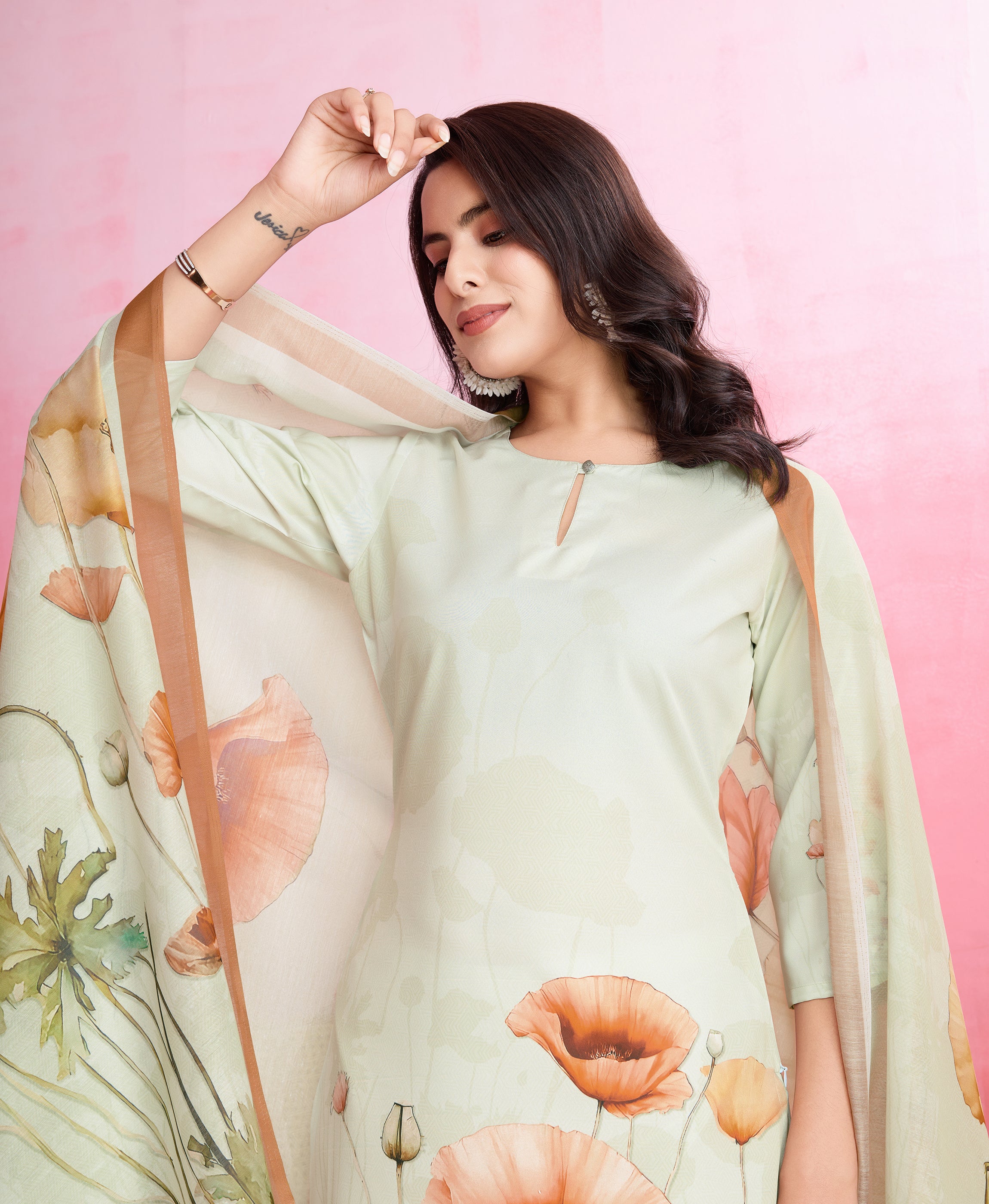 Her Couture Women's Light Green Crepe Floral & Leaf Straight Kurta With Pant & Printed Dupatta
