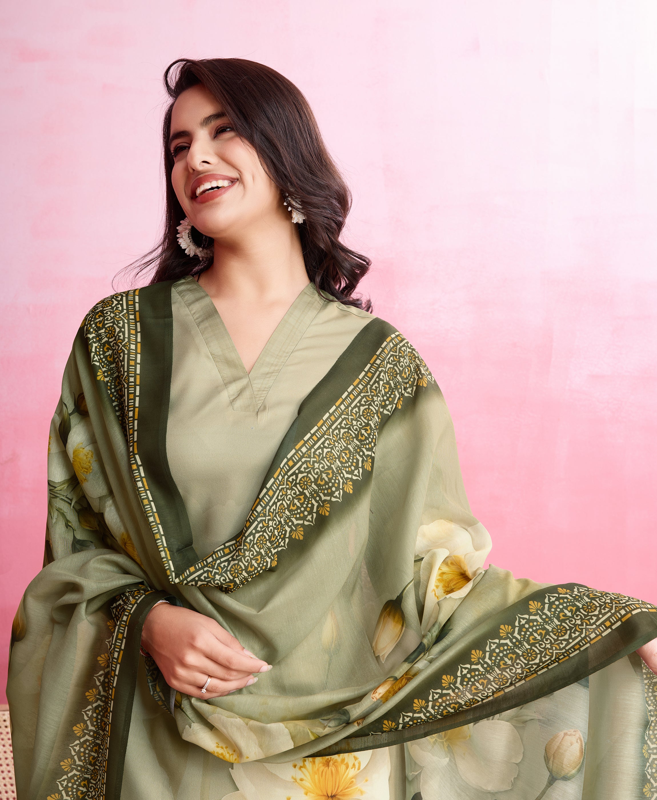 Her Couture Women's Dark Green Crepe Floral & Leaf Straight Kurta With Pant & Printed Dupatta