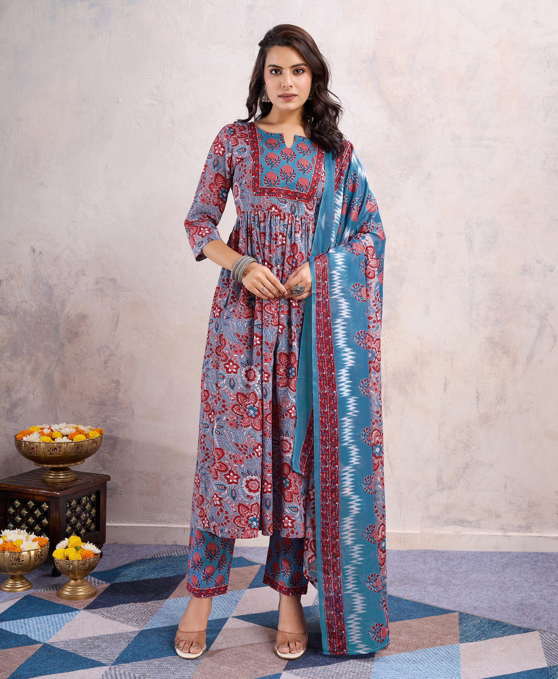 Blue Cotton Blend Flared Party Kurta Set by Her Couture