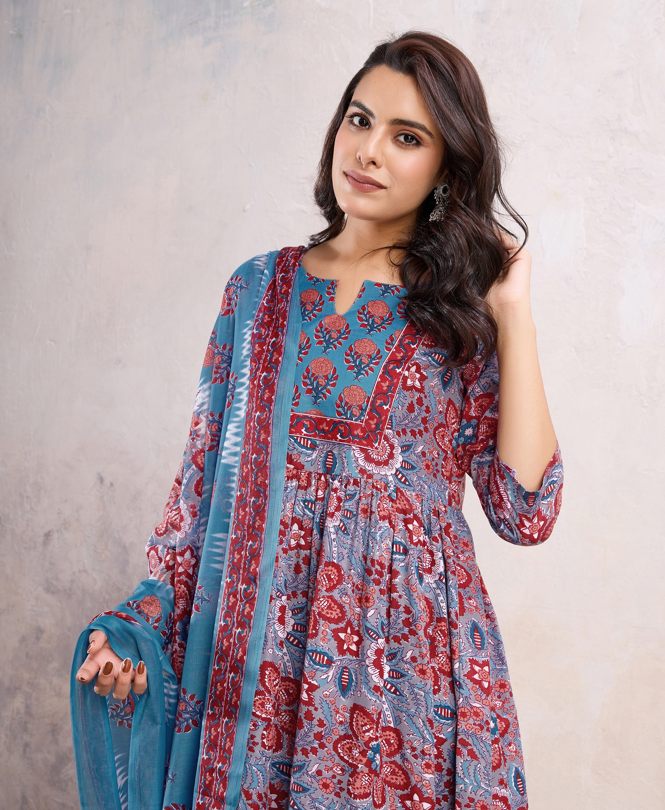 Her Couture Women's Blue Cotton Blend Floral & Leaf Printed Flared Kurta With Pant & Dupatta