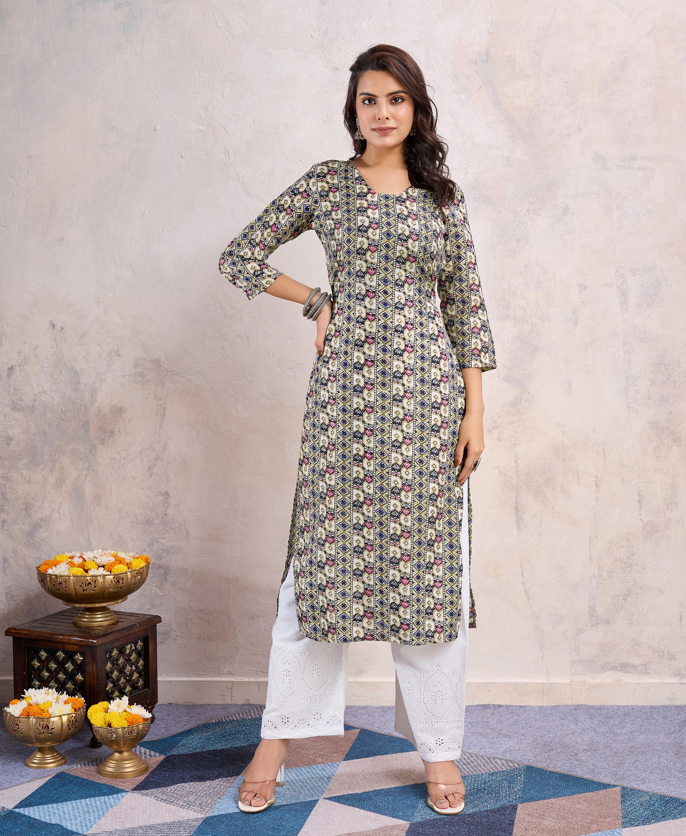 Khaki Linen Silk Floral Printed Casual Kurta by Her Couture