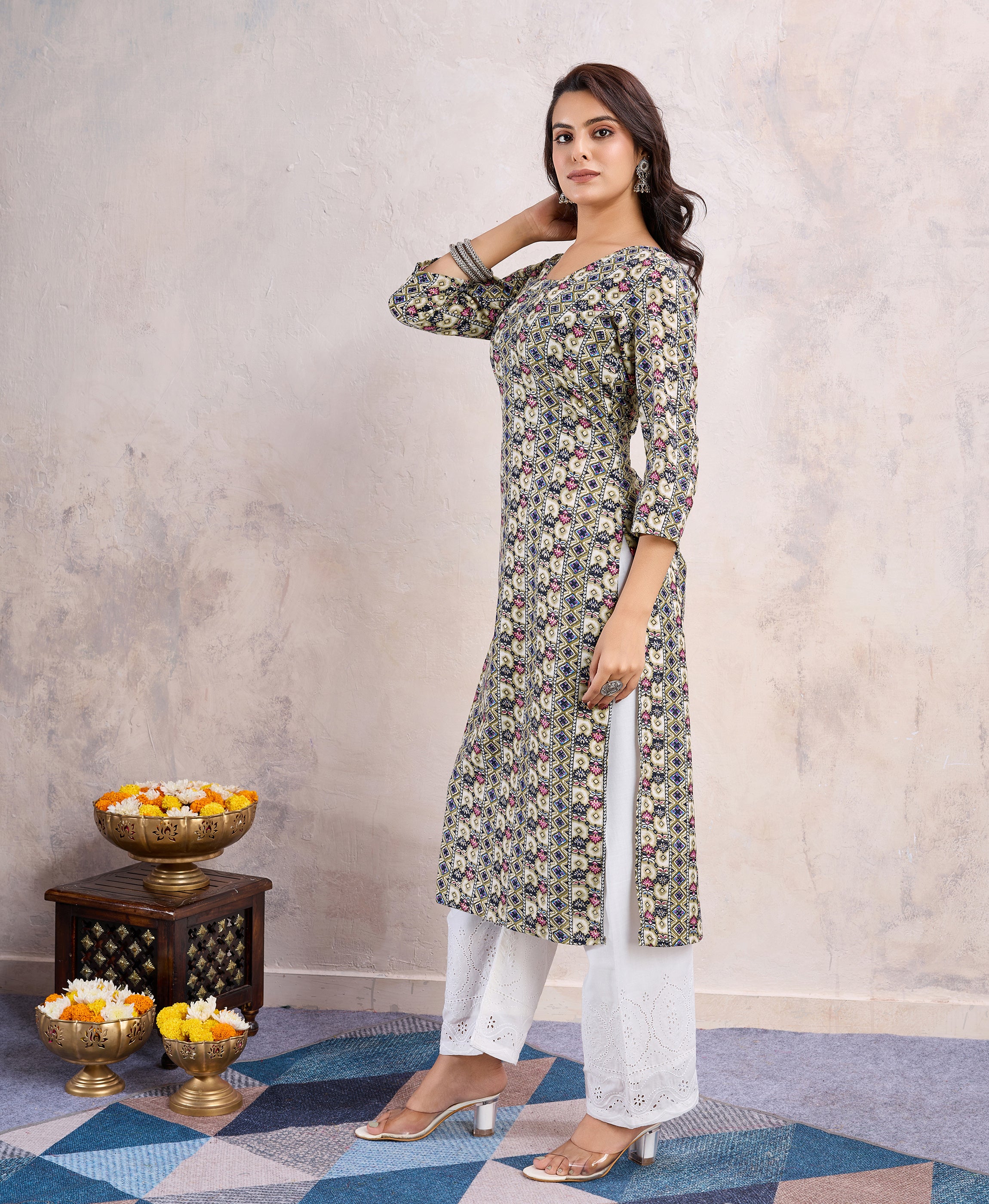 Her Couture Women's Khaki Linen Silk Floral Printed Straight Kurta