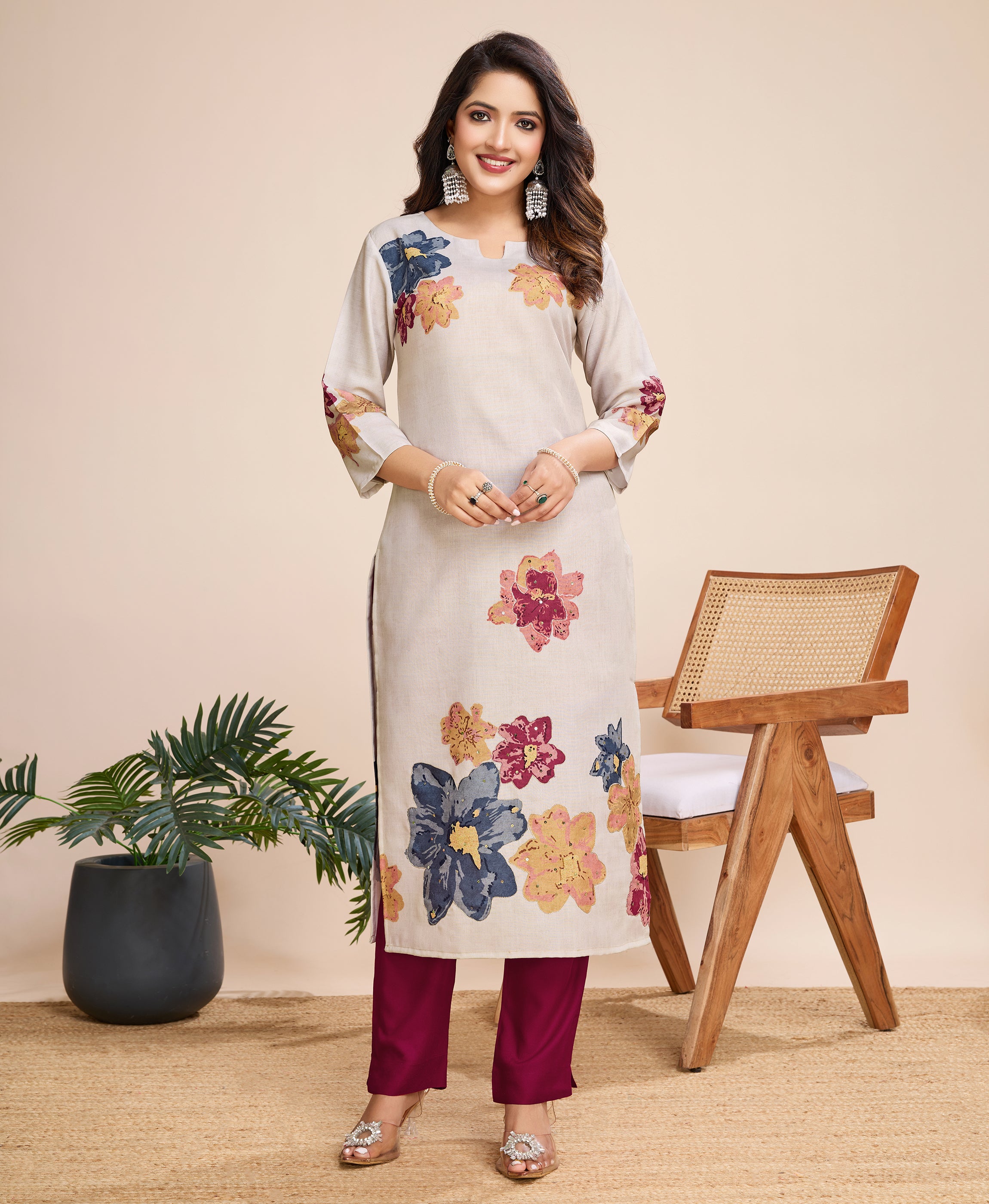 Beige Linen Silk Straight Causal Kurta Set by Her Couture