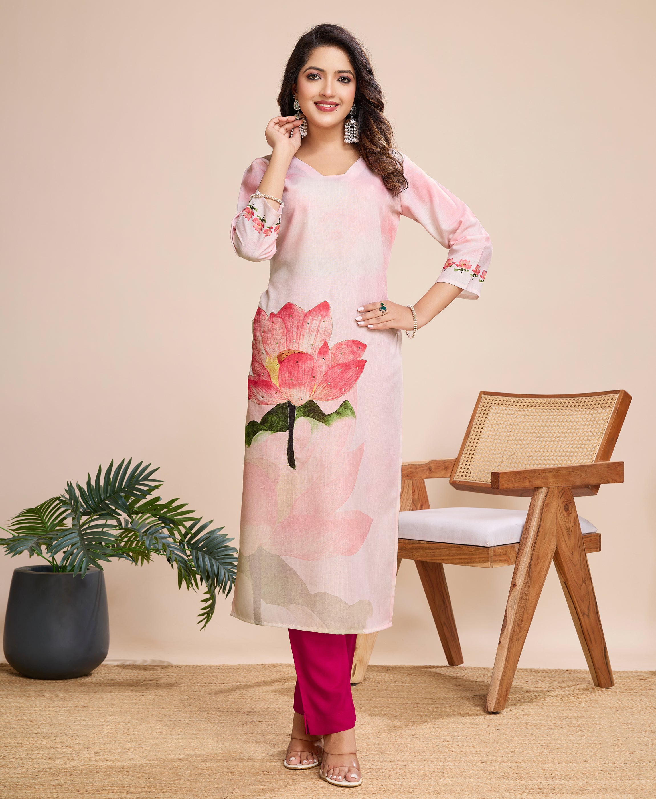 Light Pink Linen Silk Straight Causal Kurta Set by Her Couture