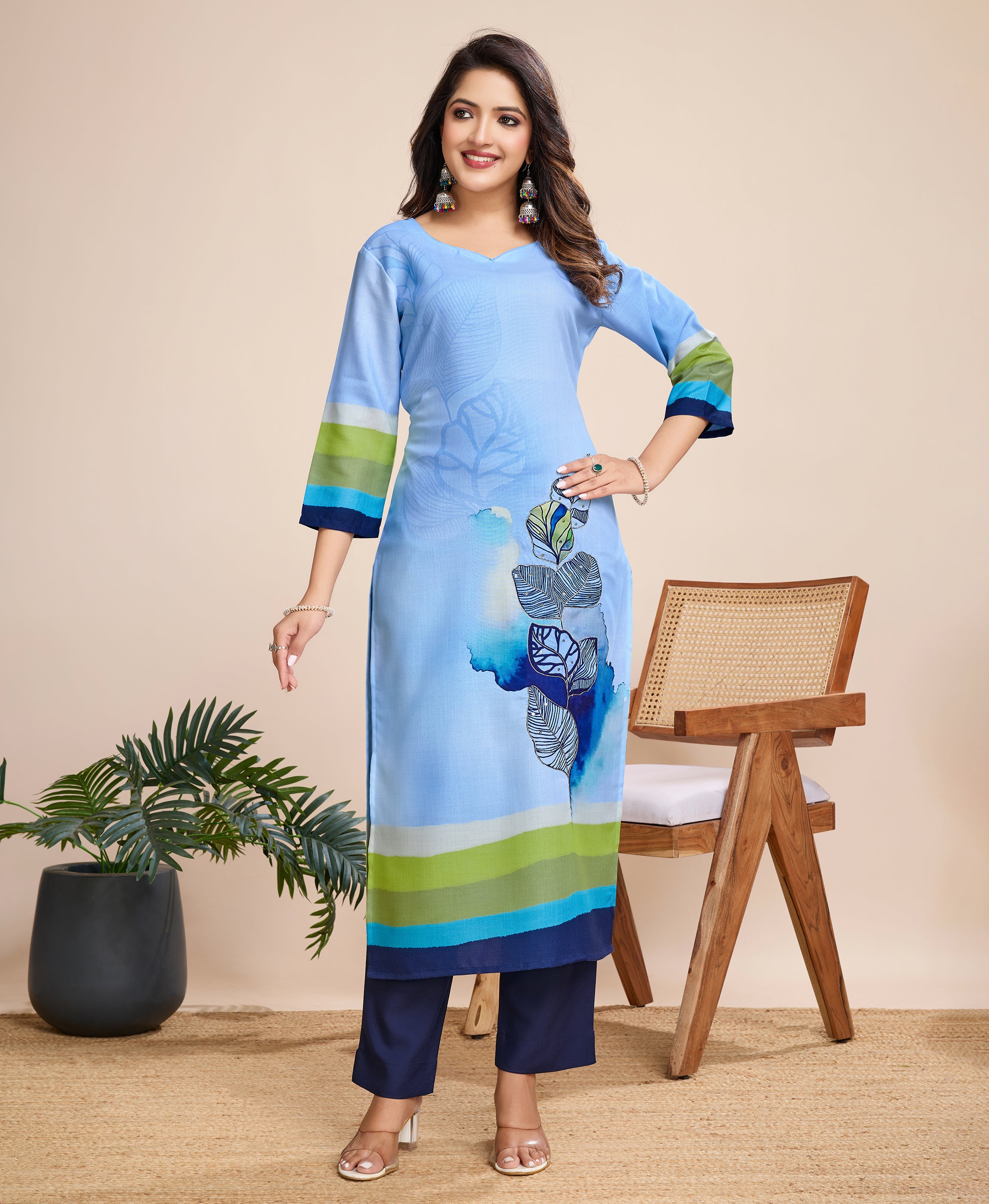 Blue Linen Silk Straight Causal Kurta Set by Her Couture