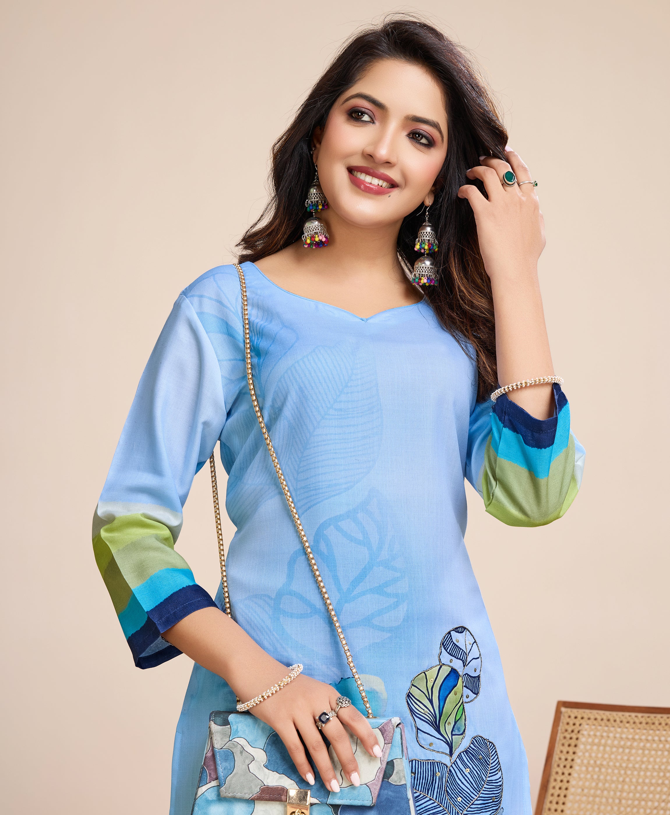 Her Couture Women's Blue Linen Silk Floral & Leaf Printed Straight Kurta With Pant