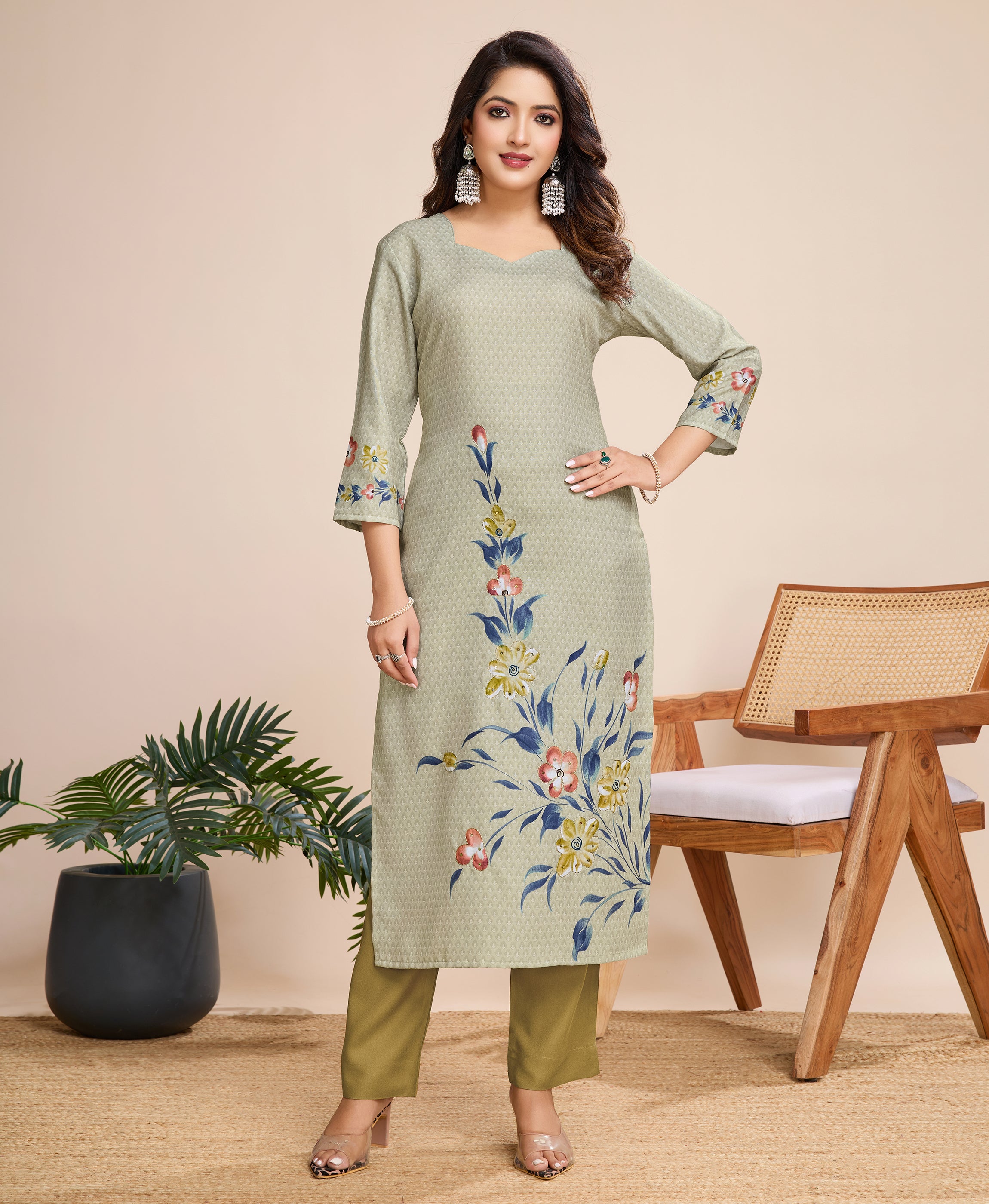 Khaki Linen Silk Straight Causal Kurta Set by Her Couture