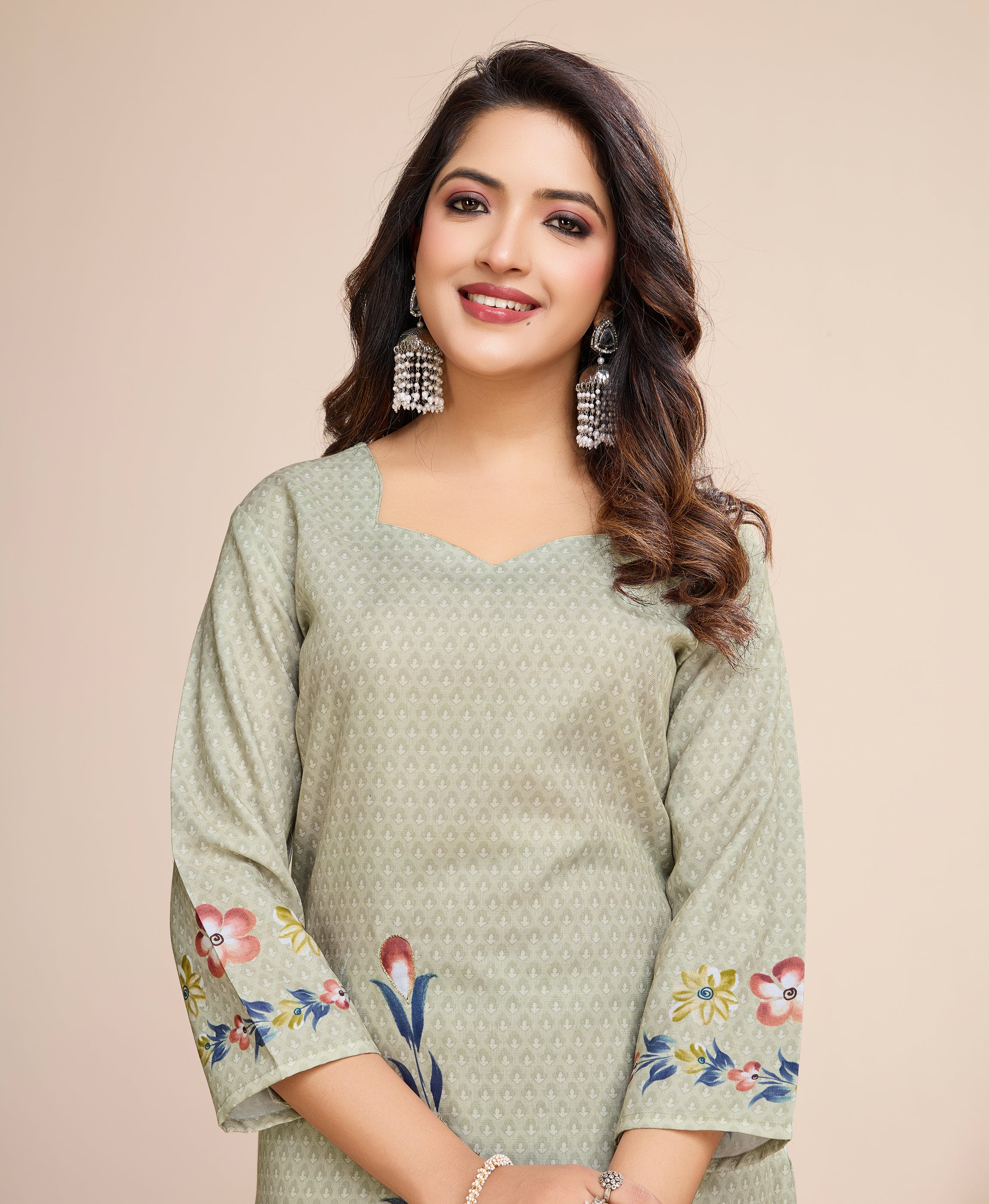 Her Couture Women's Khaki Linen Silk Geometric Printed Straight Kurta With Pant