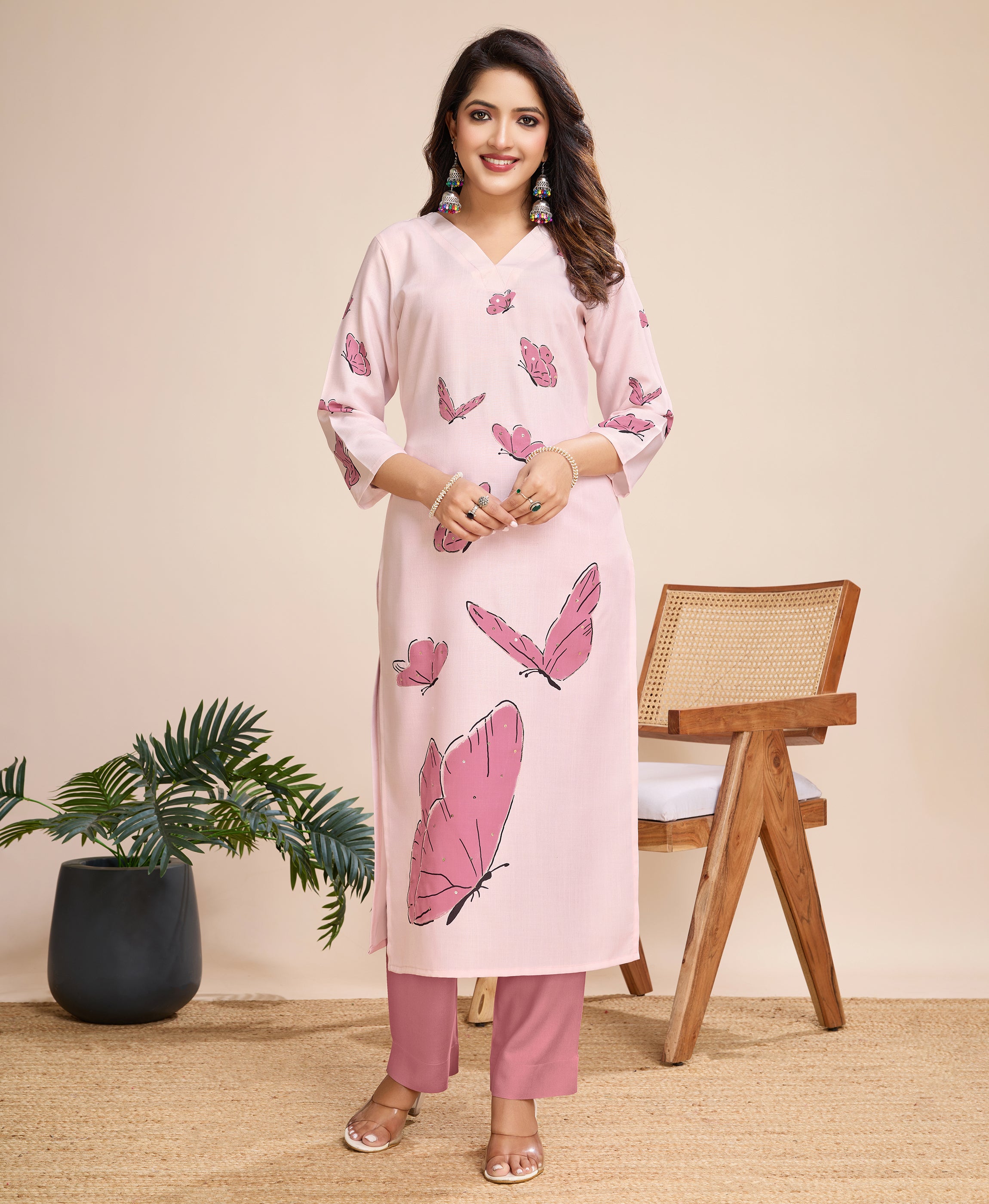 Pink Linen Silk Straight Causal Kurta Set by Her Couture
