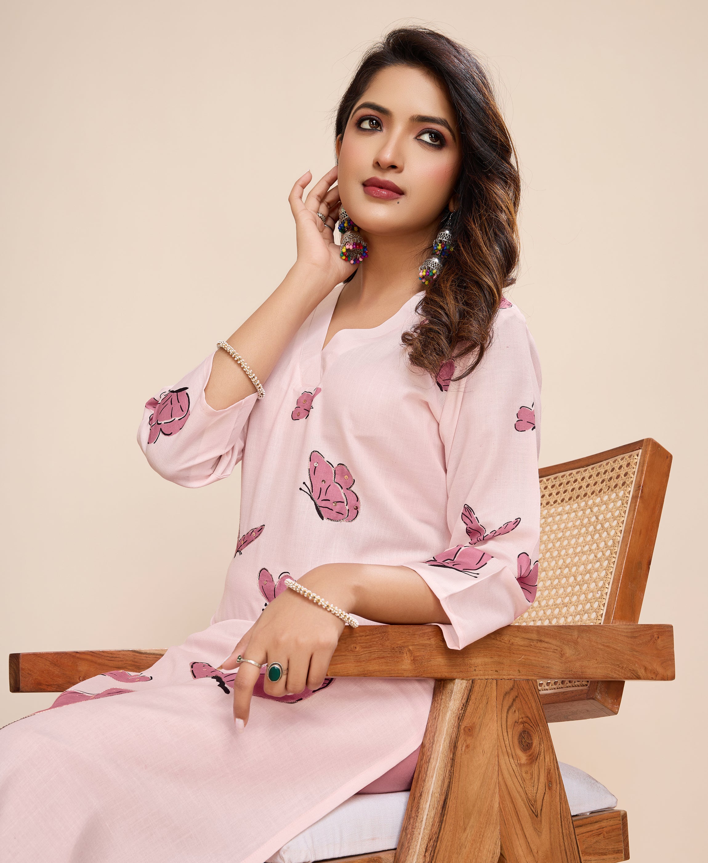 Her Couture Women's Pink Linen Silk Butterfly Printed Straight Kurta With Pant