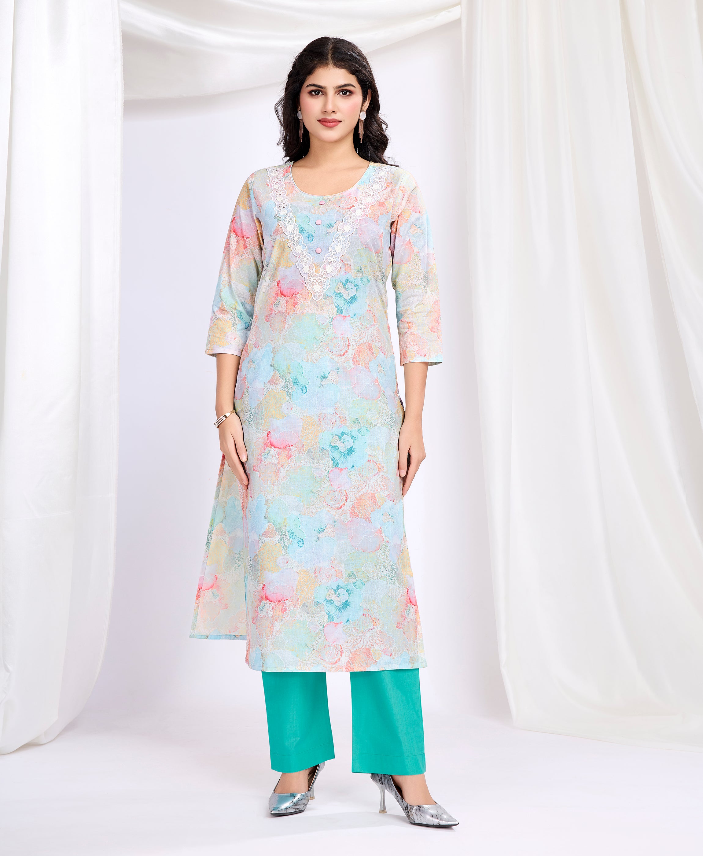 Multicolor Cotton Straight Causal Kurta Set by Her Couture