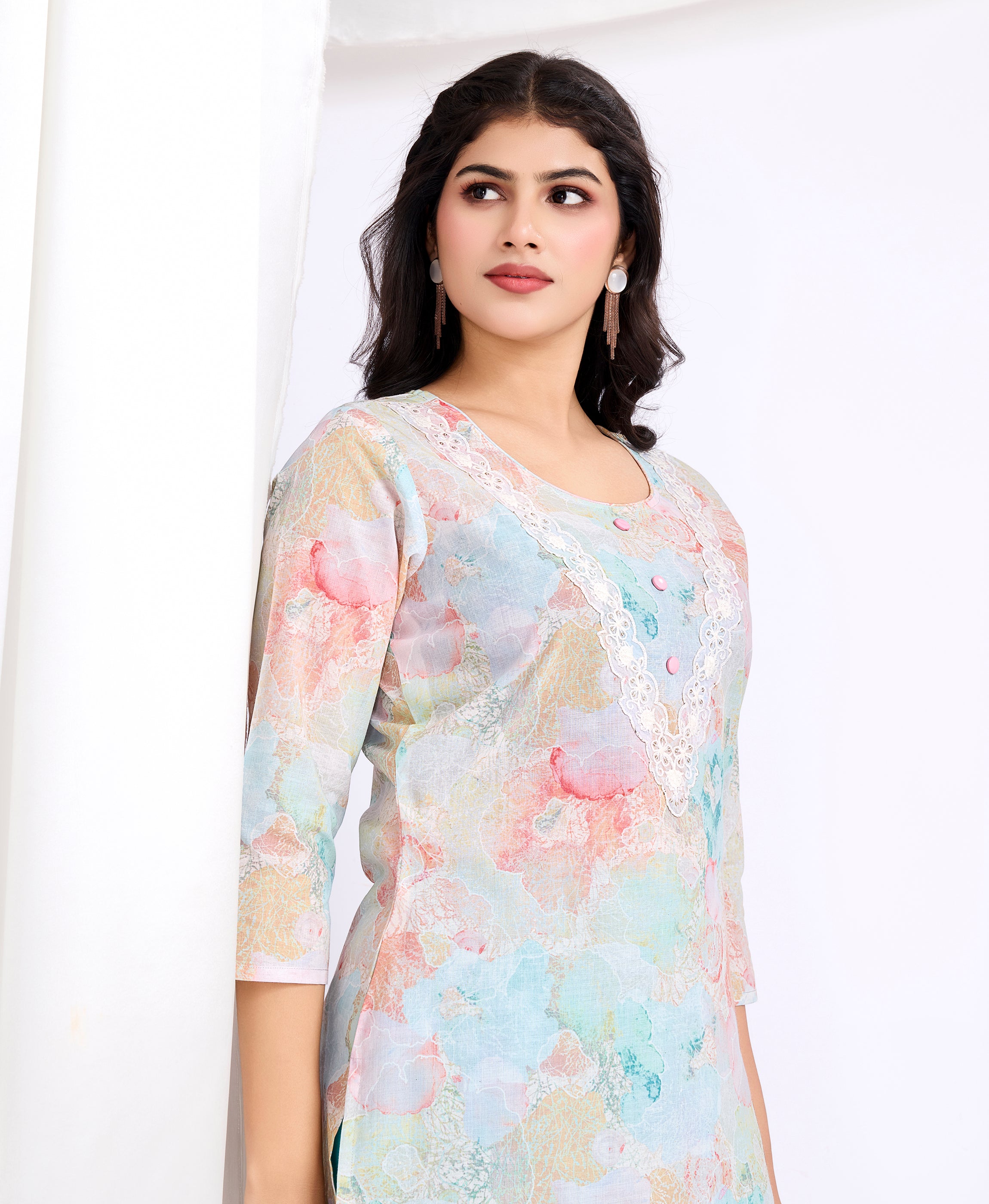 Her Couture Women's Multicolor Cotton Floral Ombre Embellished Straight Kurta With Pant