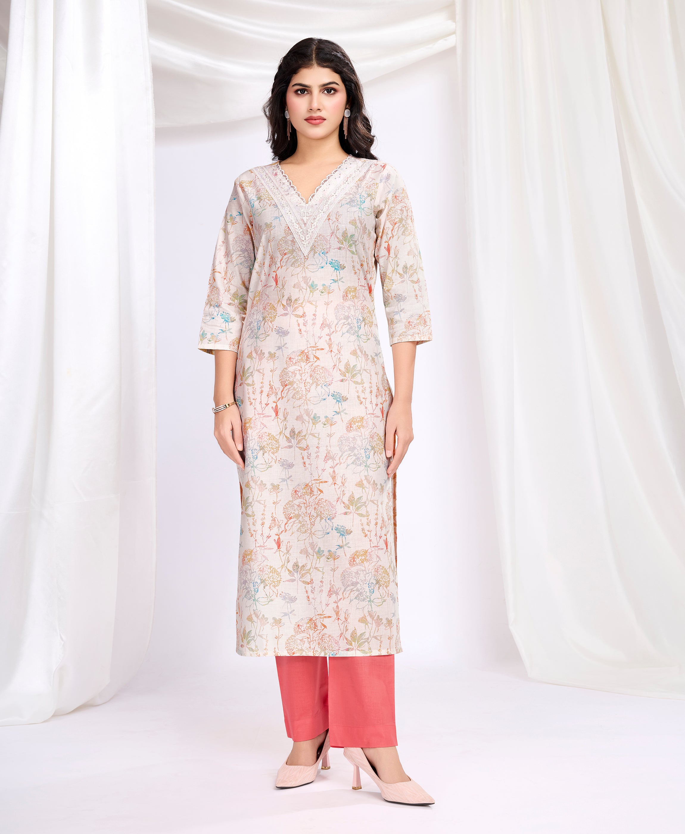 Cream Cotton Straight Causal Kurta Set by Her Couture