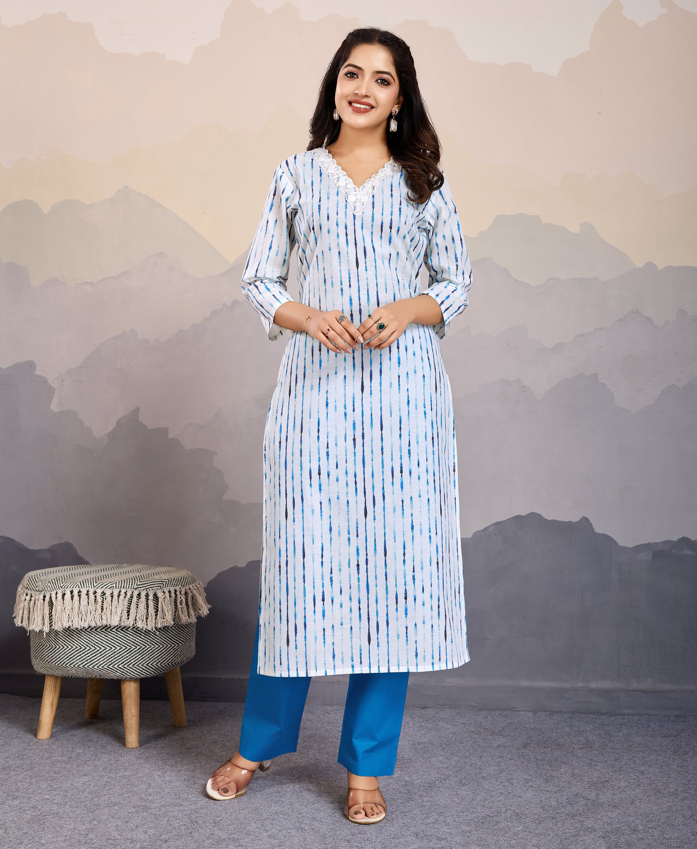 White Cotton Straight Causal Kurta Set by Her Couture